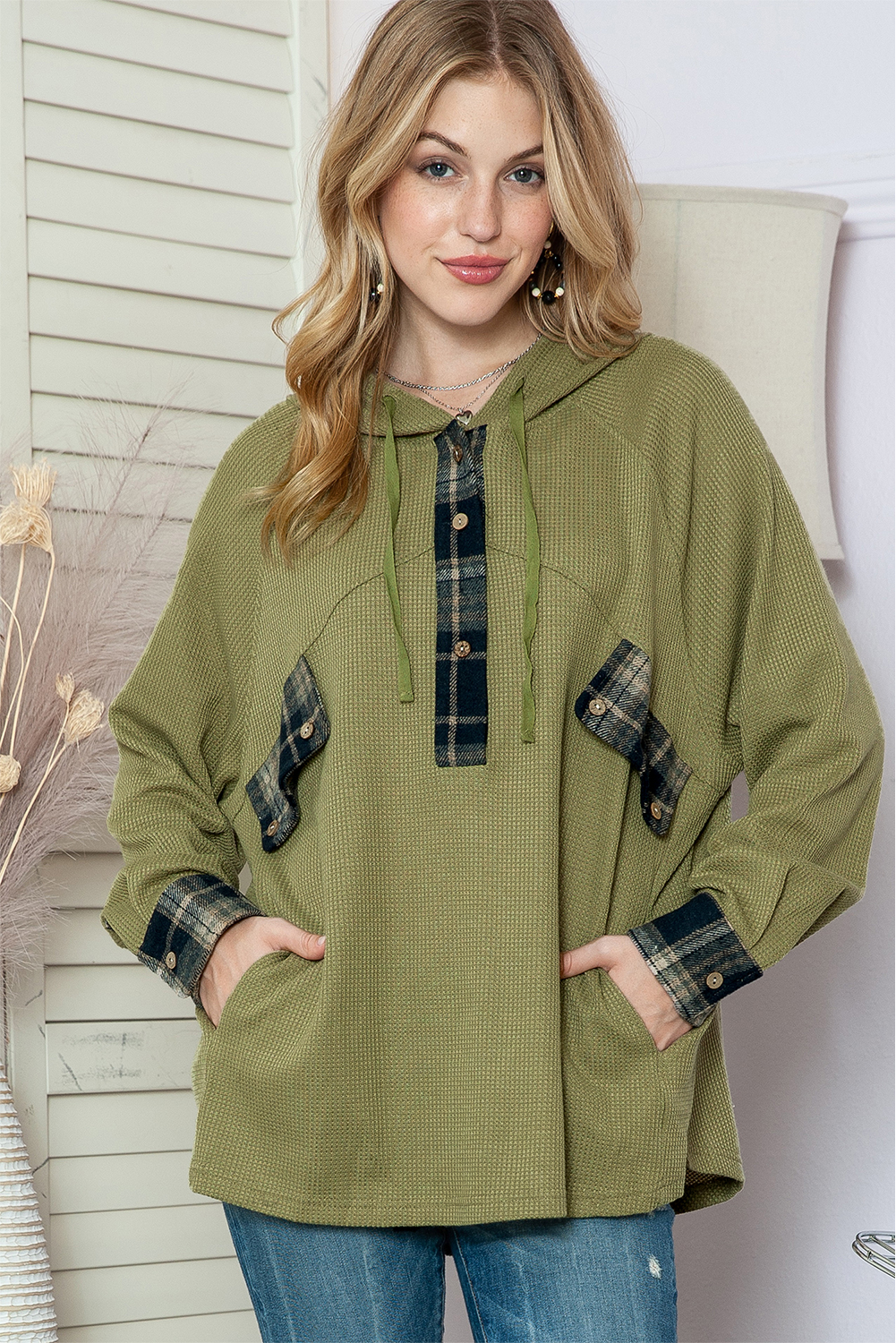 Green Waffle Knit and Flannel Henley Oversized Hoodie