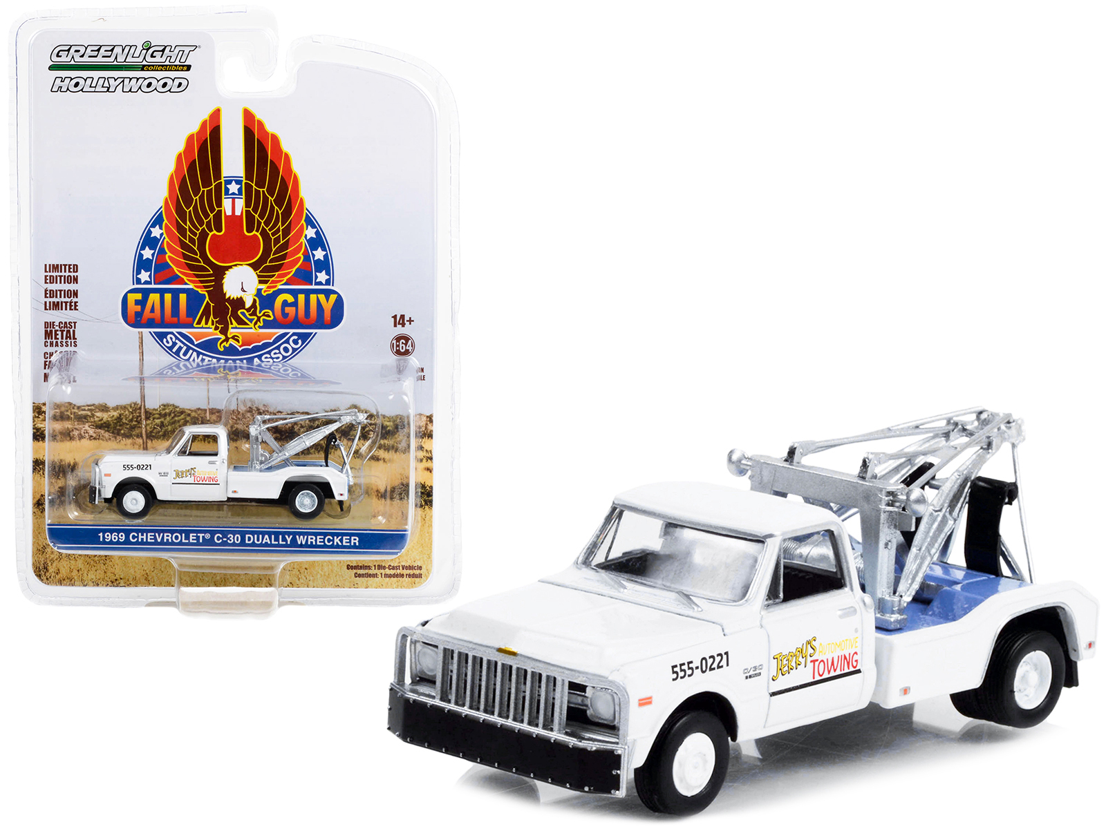 1969 Chevrolet C-30 Dually Wrecker Tow Truck White "Jerry&rsquo;s Towing" "Fall Guy Stuntman Association" Hollywood Special Edition 1/64 Diecast Model Car by Greenlight