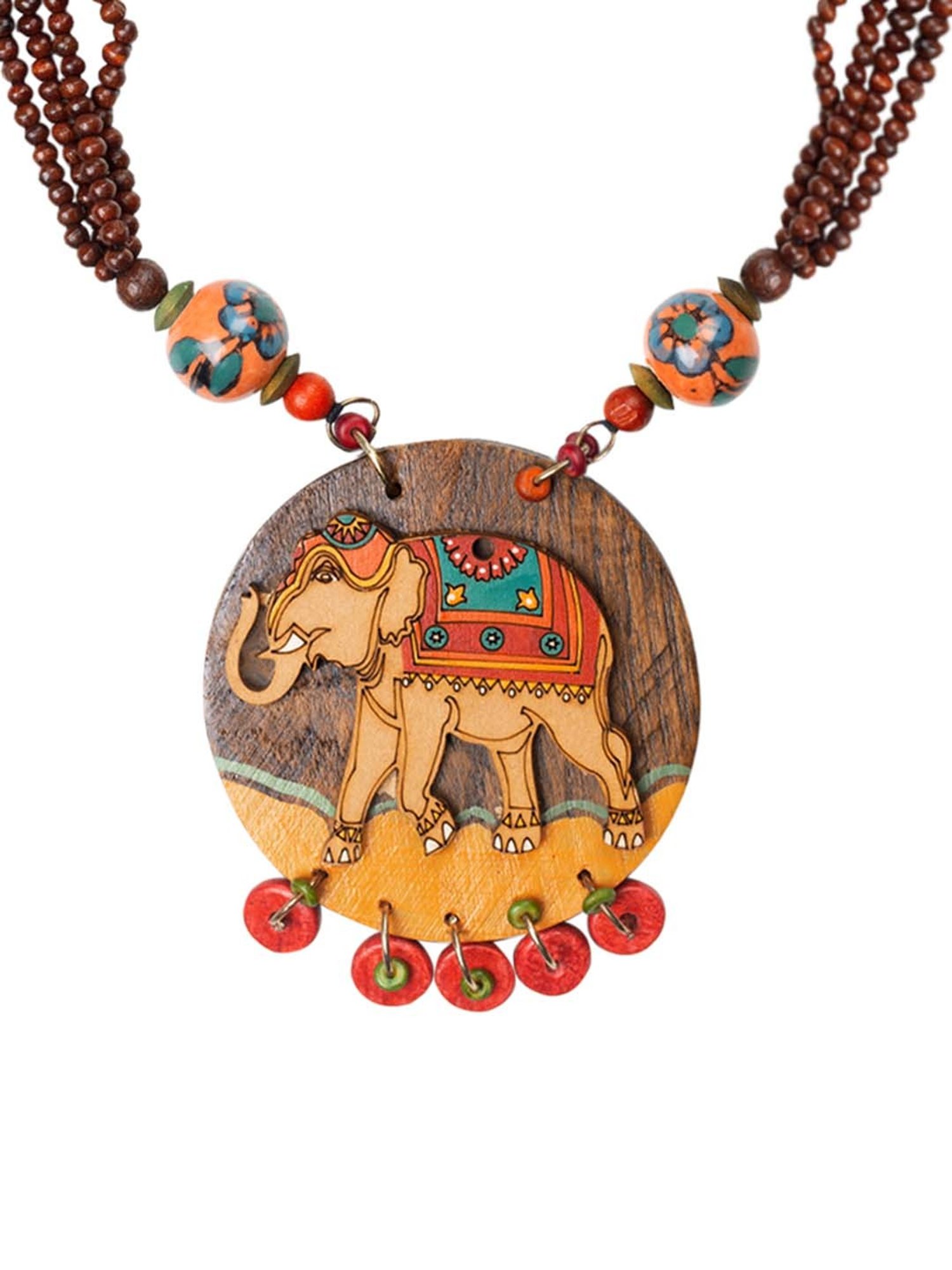 ExclusiveLane 'Tribal Elephant' Orange & Brown Handpainted Necklace (Teak Wood)