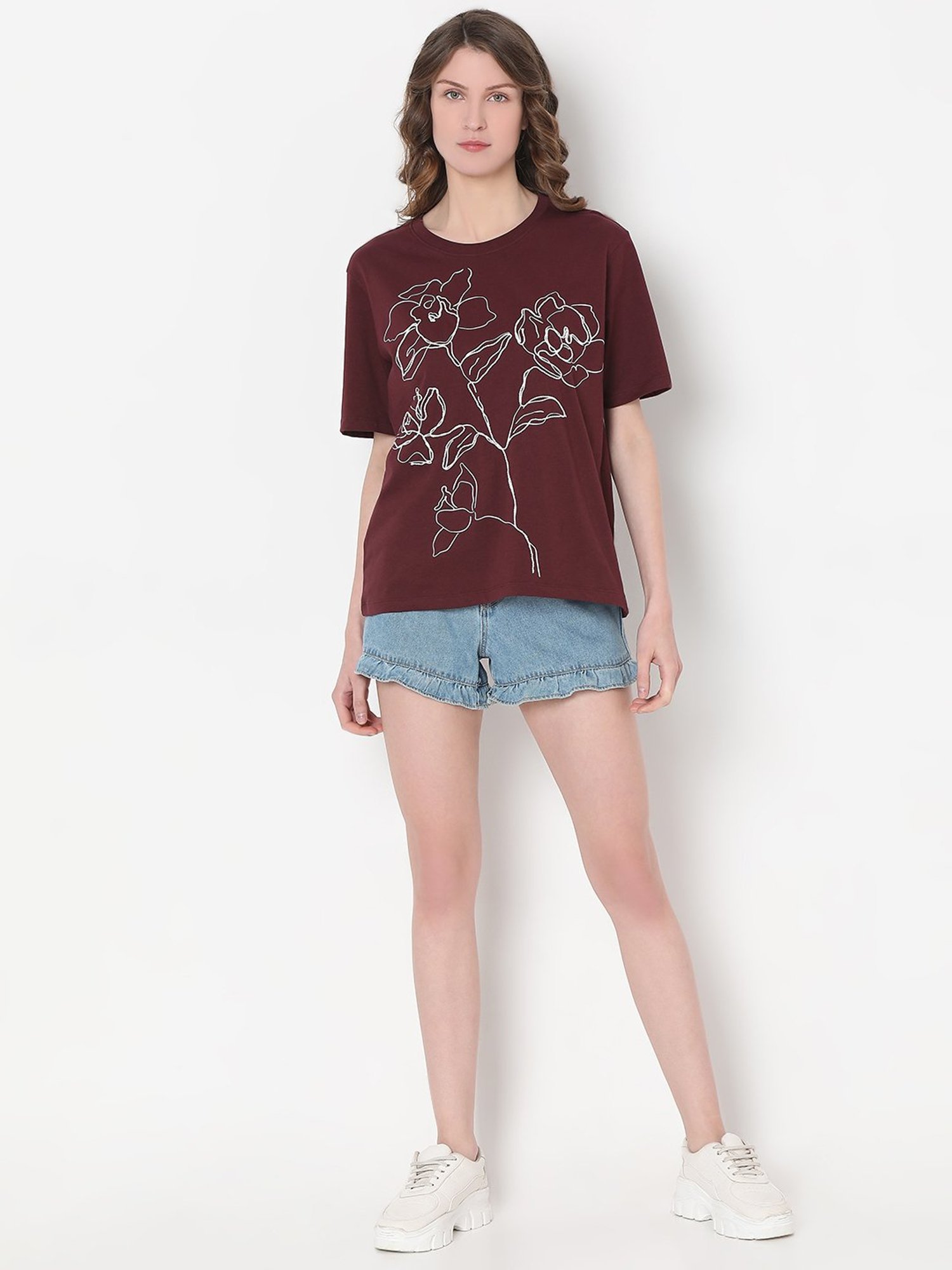 Vero Moda Maroon & White Cotton Floral Print T-Shirt