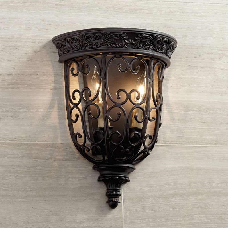 Franklin Iron Works Rustic Wall Light Sconce Rubbed Bronze Hardwired 14 1/4" High Fixture Scrollwork for Bedroom Bathroom Hallway