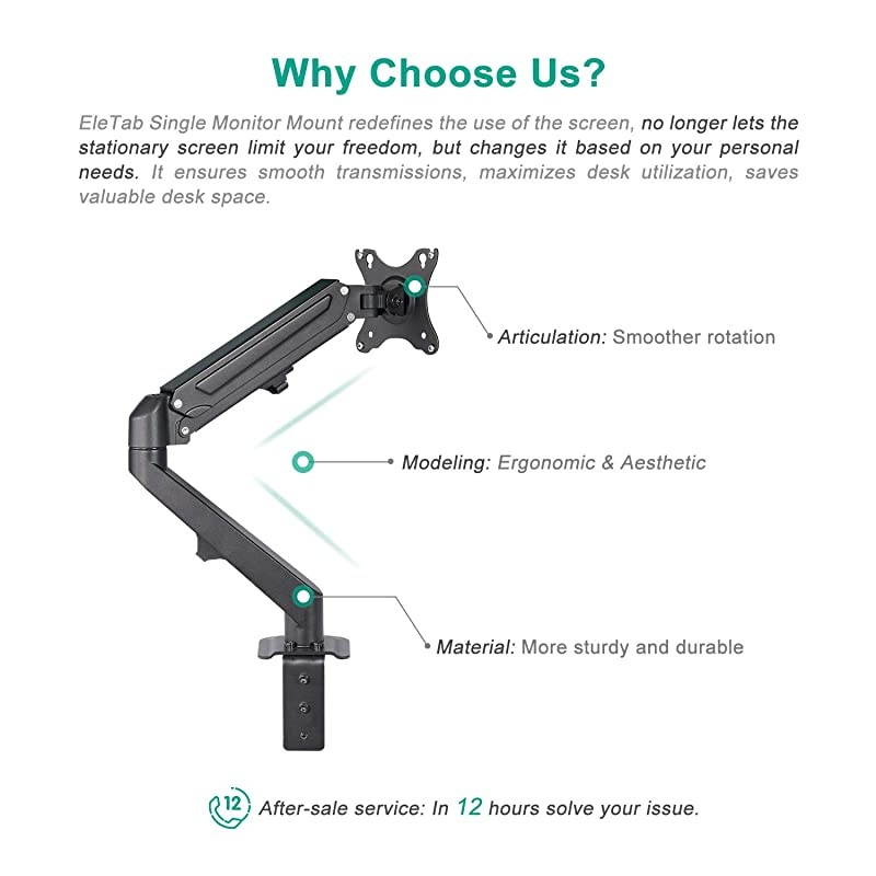 Single Monitor Stand Articulating Gas Spring Monitor Arm Adjustable VESA Mount Desk Stand with CClamp Installation Fits 17 to 27 inch LCD Computer Monitors up to 143lbs