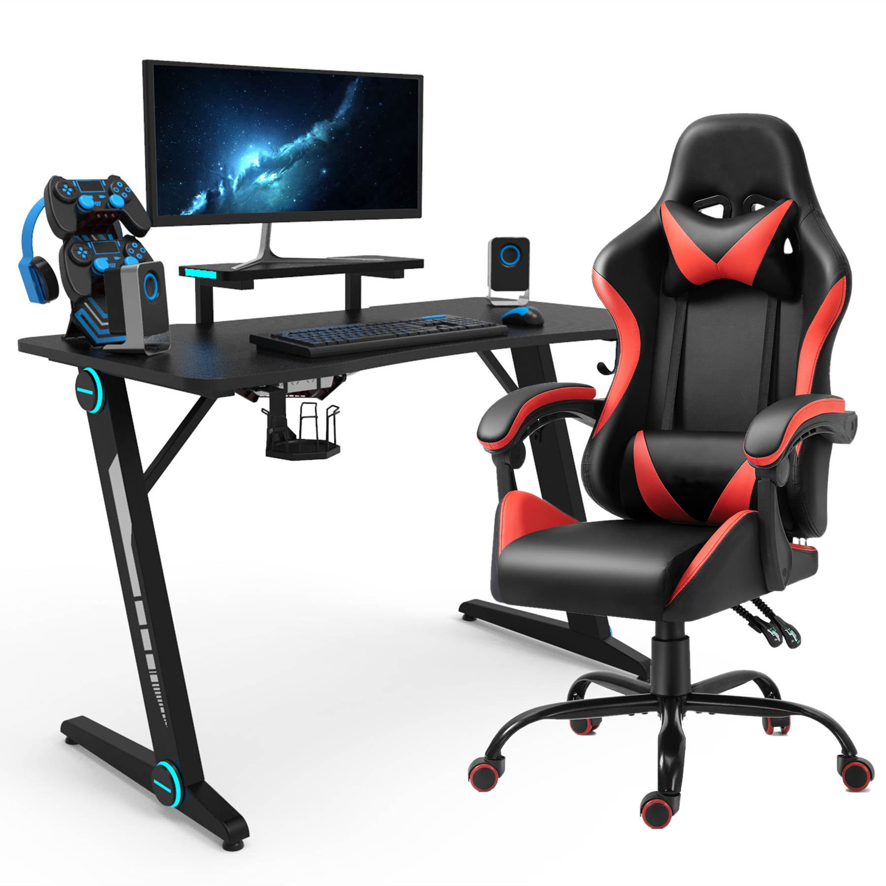 47.2 Inch Z-Shaped Gaming Desk with  Red Economic PU Leather Gaming  Chair Home Office Desk and Chair Set Gamer Workstation with Monitor Stand Carbon Fiber Surface Gamer Table with RGB Lights