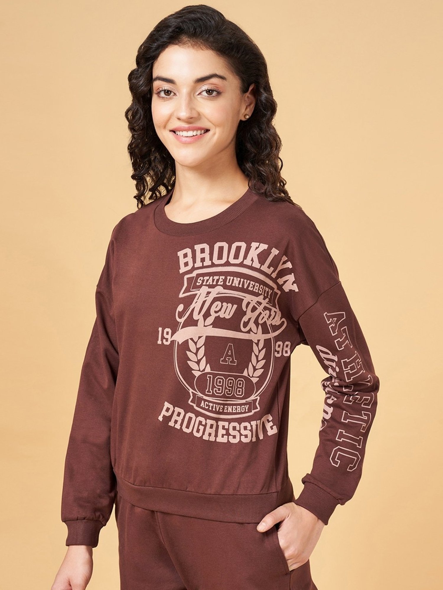 Ajile by Pantaloons Brown Cotton Printed Sports Sweatshirt