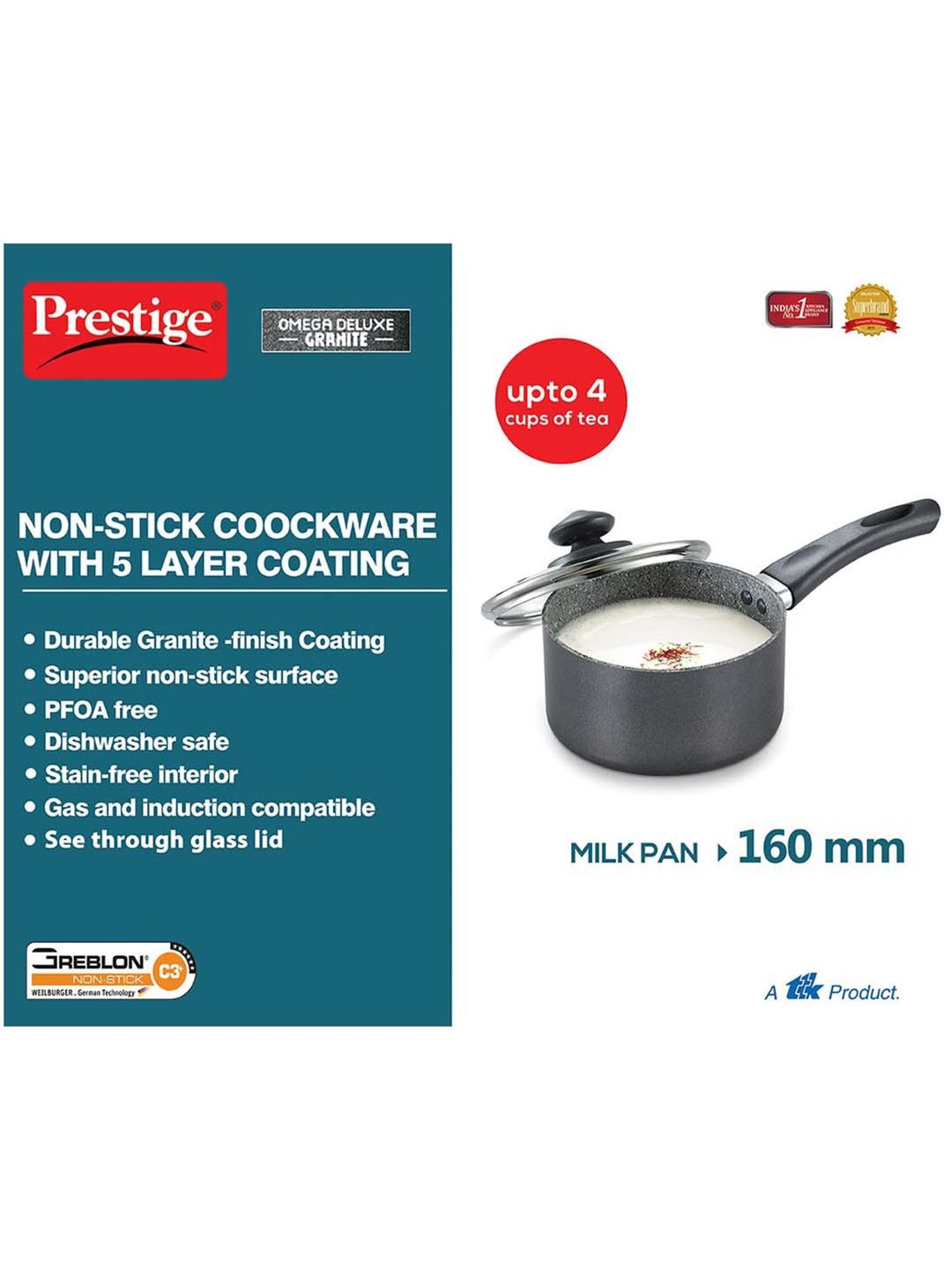 Prestige Omega Black Deluxe Granite 160 mm Milk Pan with Lid - Set of 1