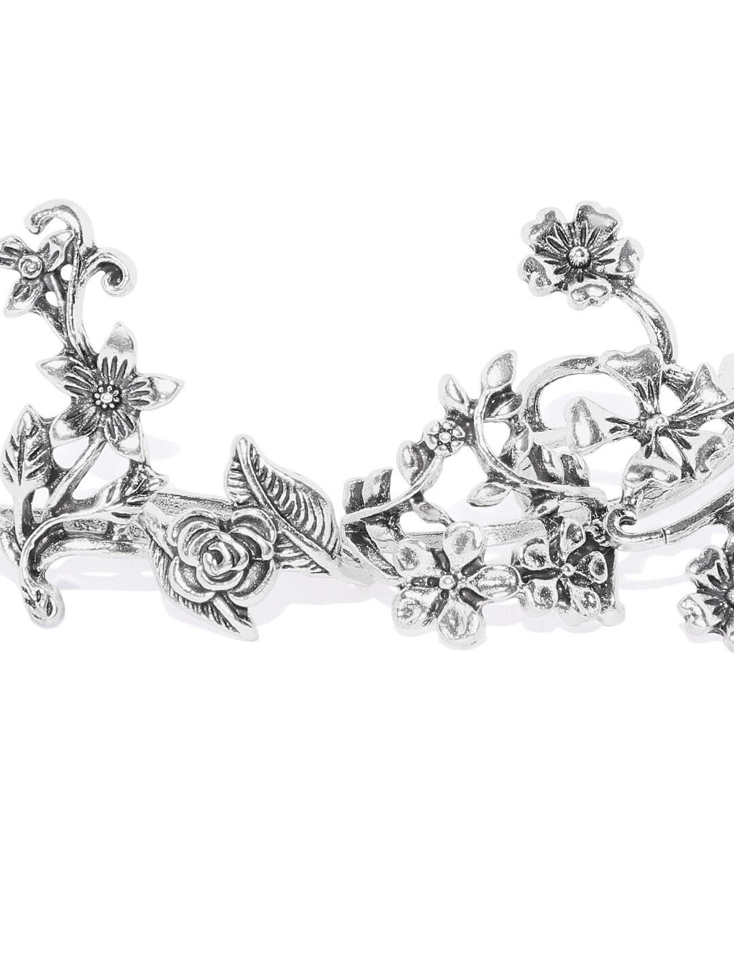 Oomph Vintage Floral Oxidized Silver Tone Metal Crystal Casual Ring - Set of 4