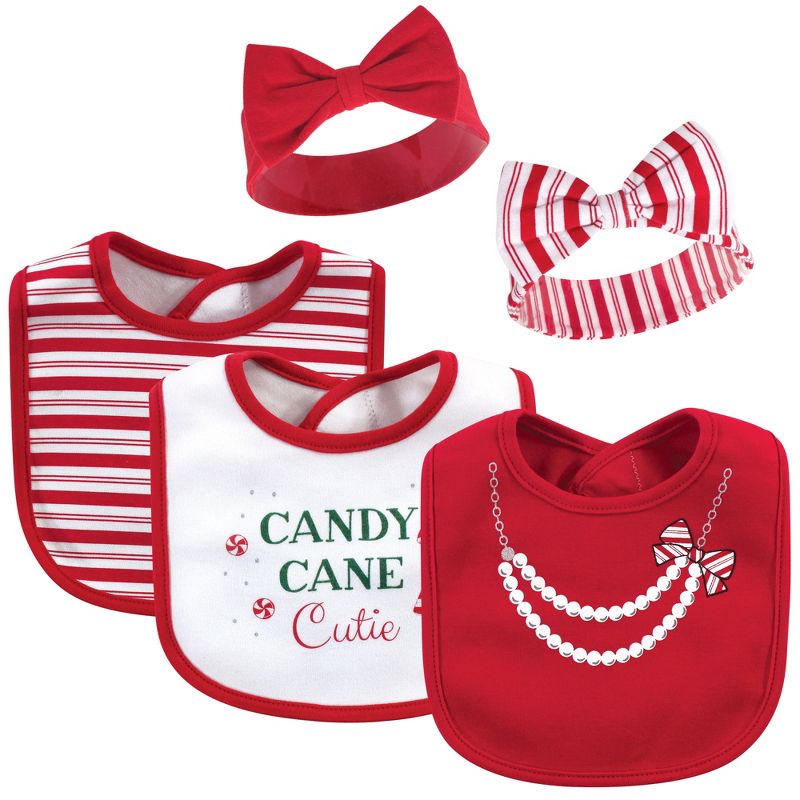 Little Treasure Baby Girl Cotton Bib and Headband Set 5pk, Candy Cane Cutie, One Size