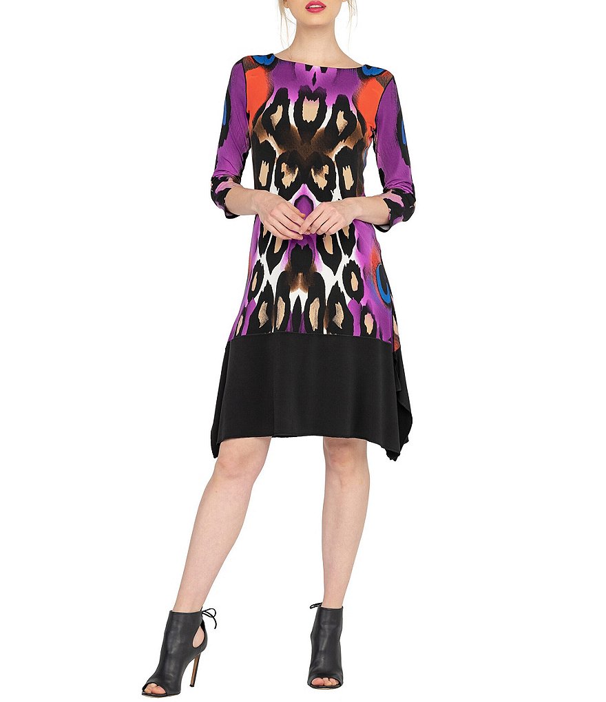 Eva Varro Animal Print Knit Jersey A-Line Dress With Solid Side Draped Flutter Hem
