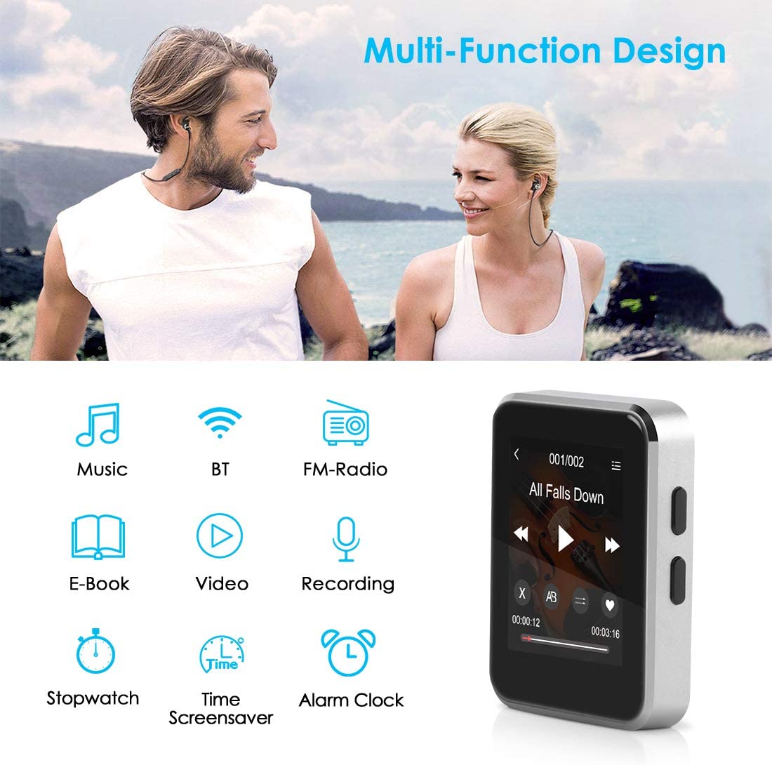Kingbox Mp3 player with Bluetooth, music player with clip supports full touch screen, built-in speaker, HIFI lossless MP3 music player, FM radio, recorder (16GB, up to 128GB)