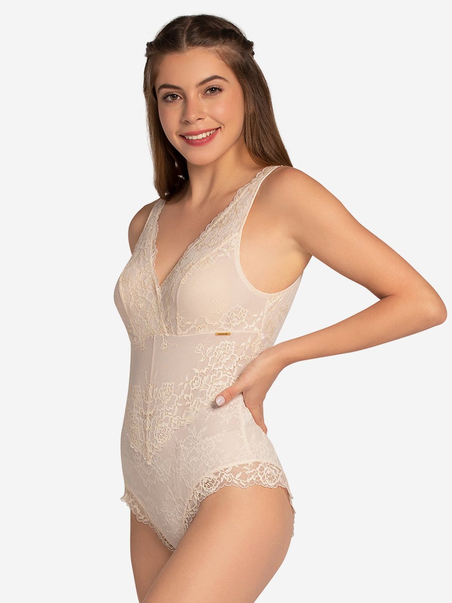 Amante Baby Pink Lace Work Bodysuit