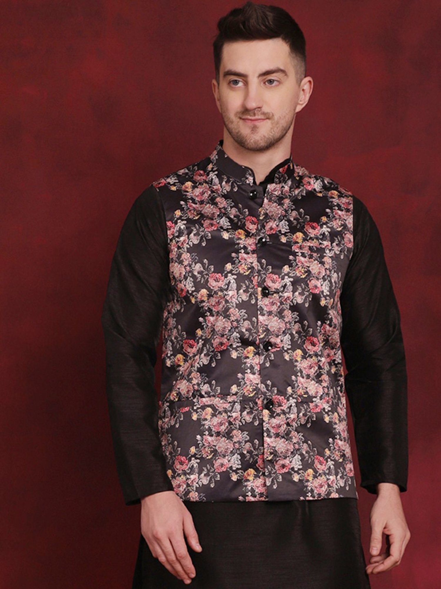 Jompers Black Regular Fit Printed Nehru Jacket