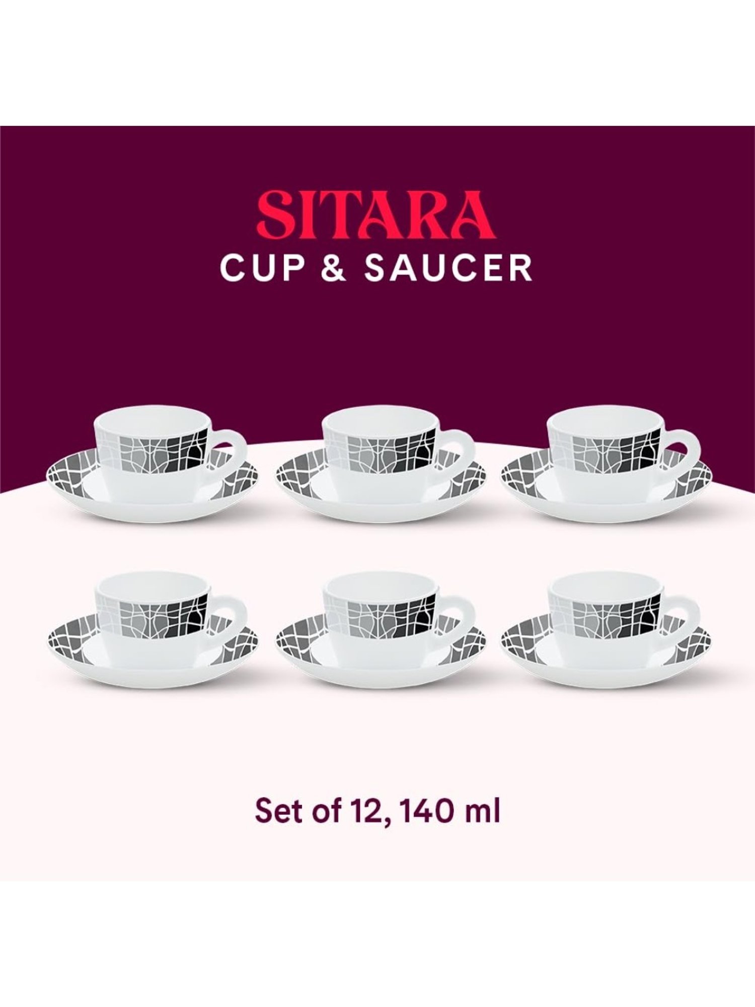 Larah by Borosil White Ceramic Opalware Cup and Saucer Set of 12 140ml