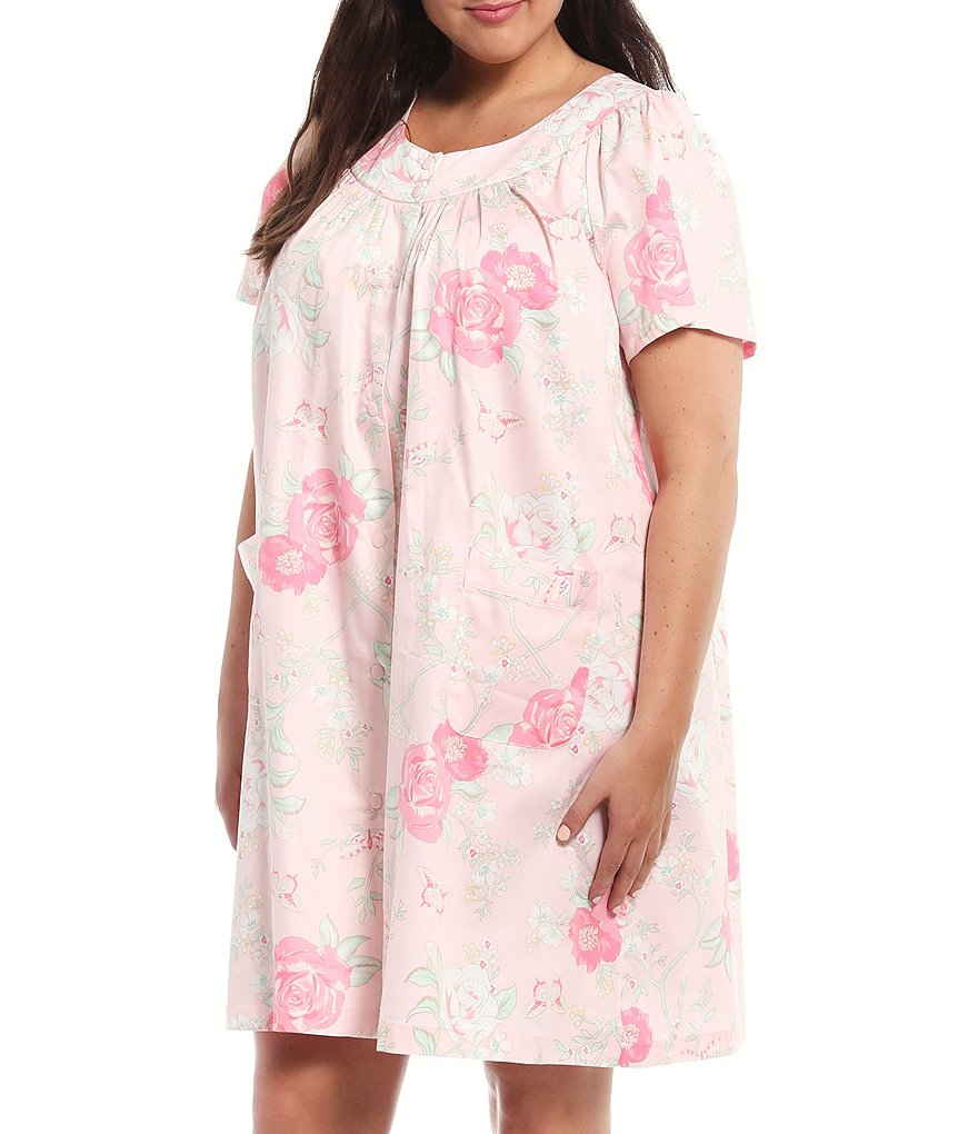 Kate Landry Plus Solid V-Neck Sleeve Midi Lounge Dress