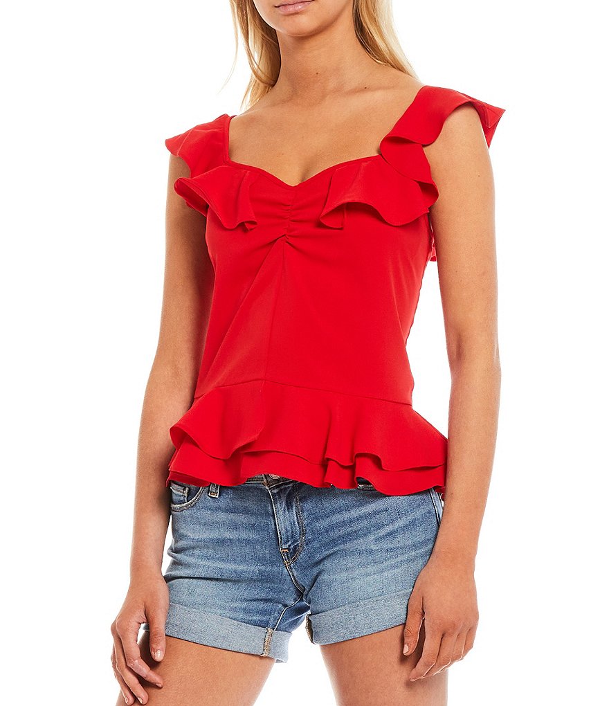 Sugarlips Solid Sweetheart Neck Ruffle Peplum Sleeveless Top
