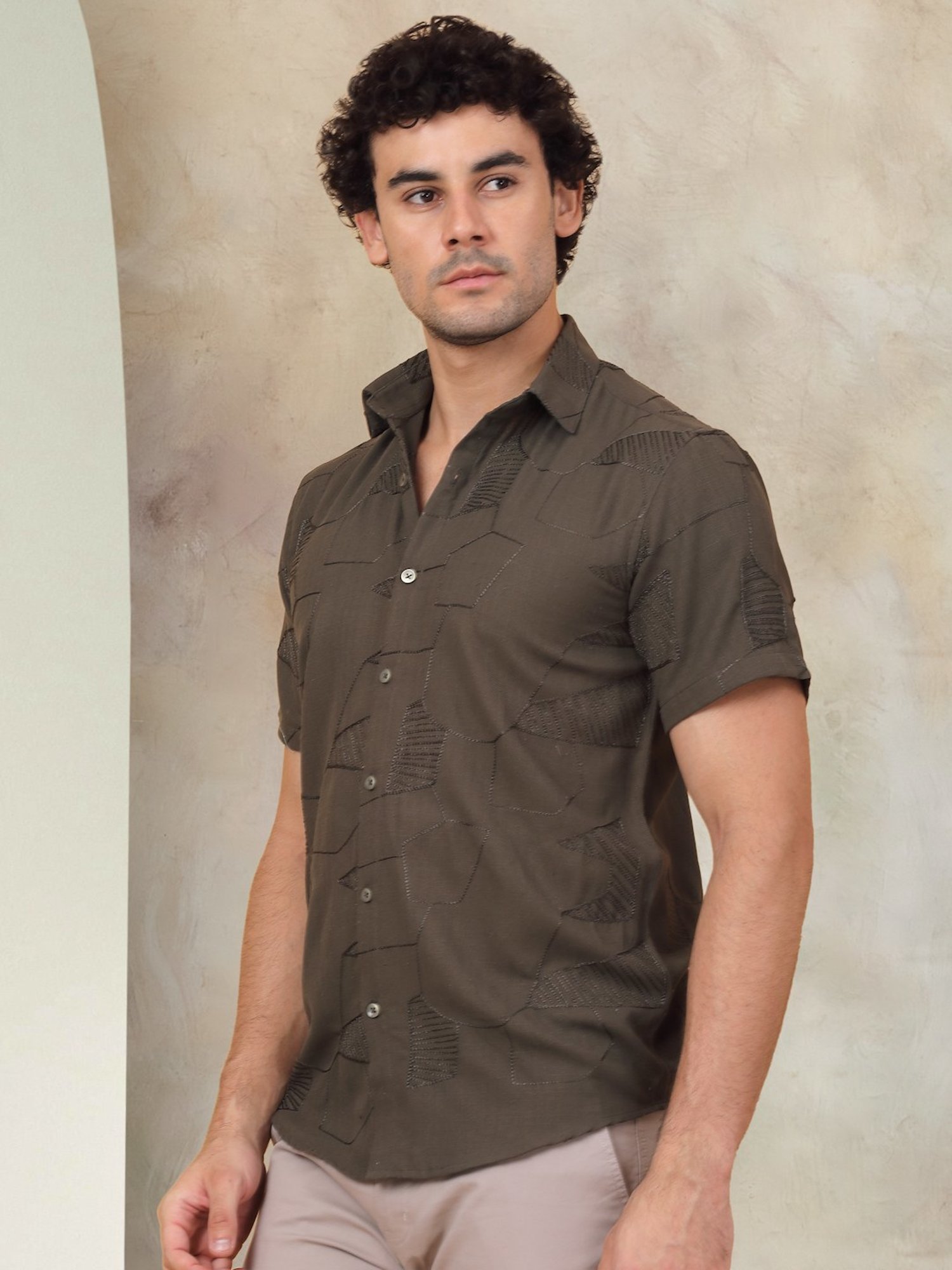 Indian Needle Olive Ragular Fit Embroidered Shirt