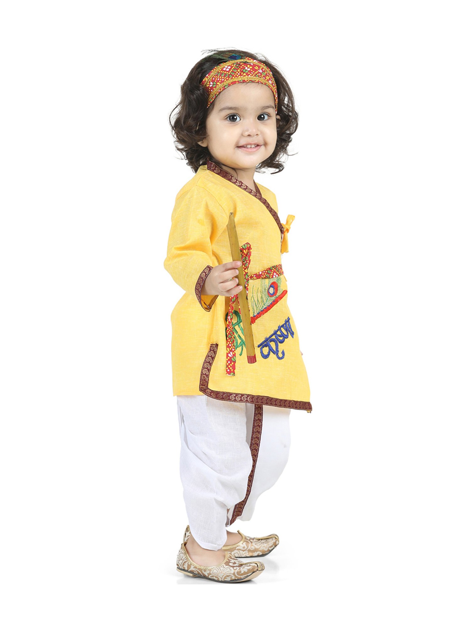 BownBee Kids Yellow Cotton Patch Work Kurta & Dhoti