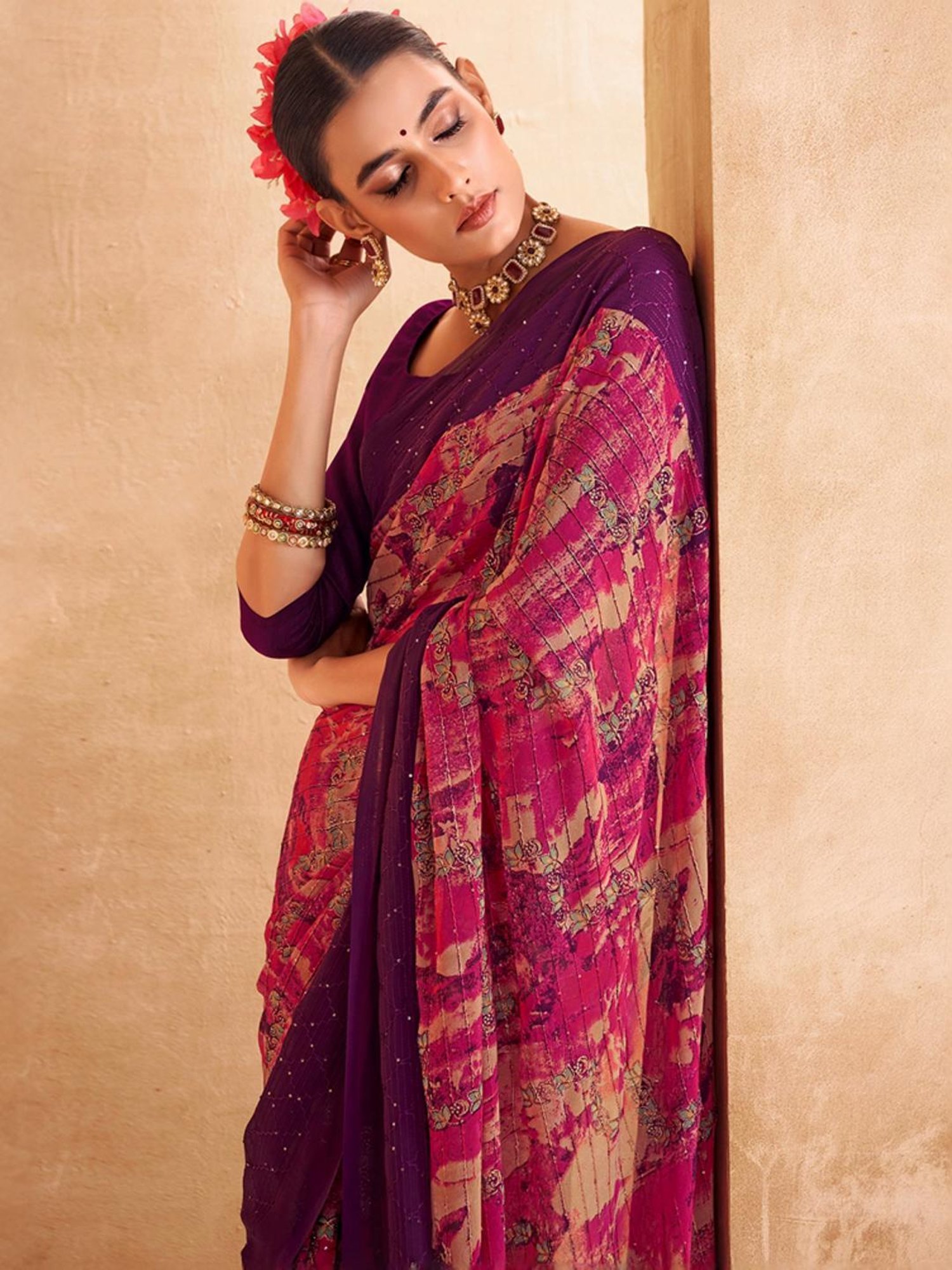 Satrani Pink Printed Saree With Unstitched Blouse