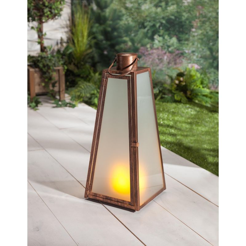 Everlasting Glow 20.88-Inch Tall Triangular Brushed Copper Lantern with FireGlow&trade; Lights and Timer Feature
