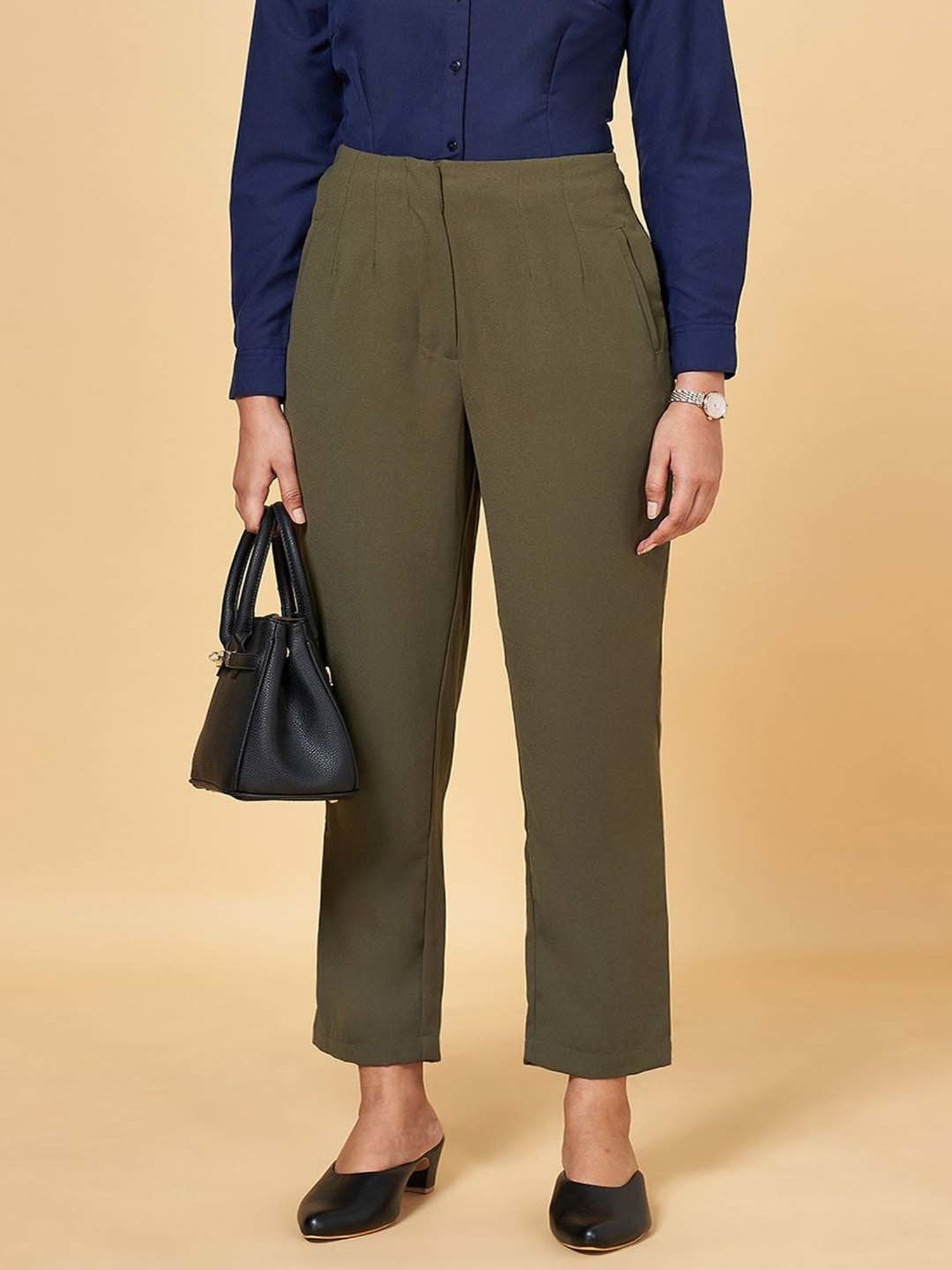 Annabelle by Pantaloons Olive Green Formal Trousers
