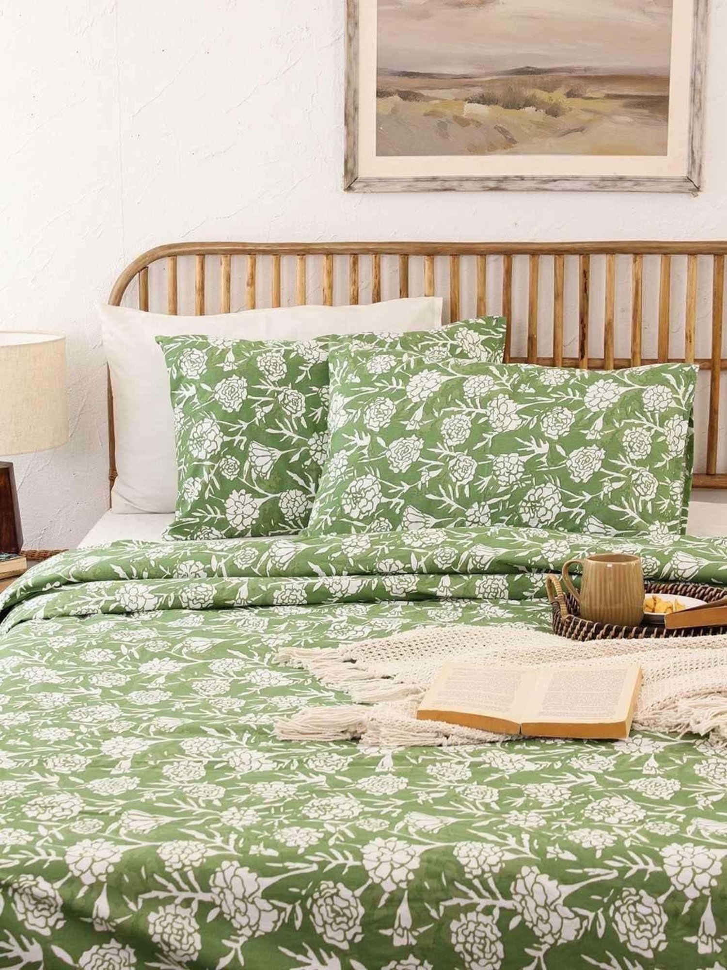 House This Genda Phool Green & White Cotton 144 TC Single Duvet Cover