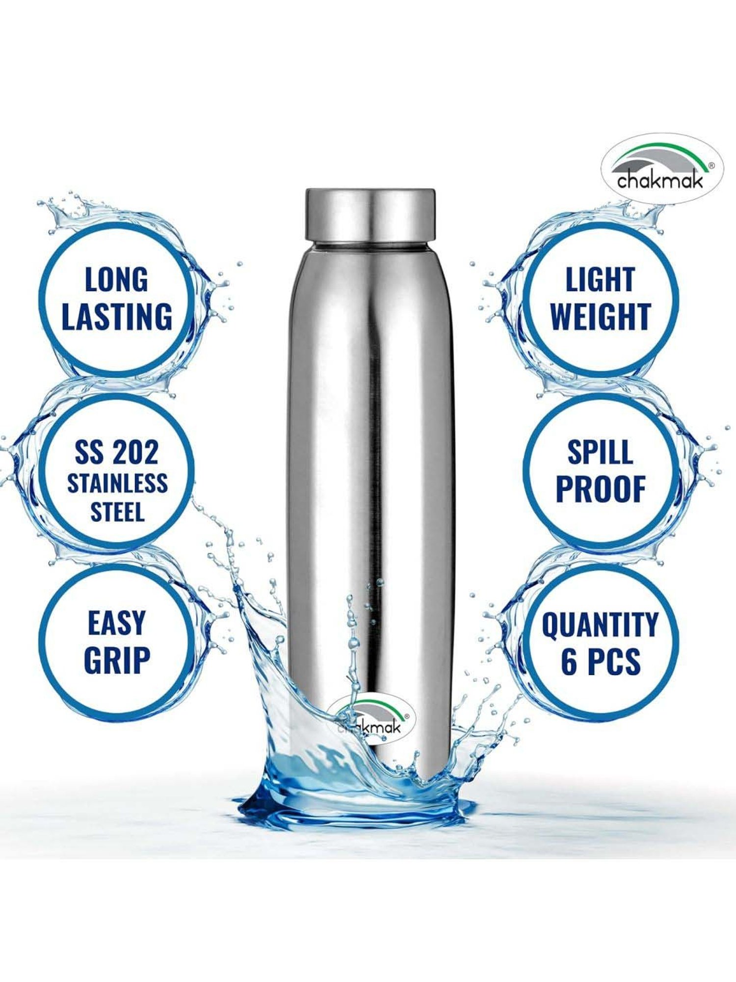 Chakmak Silver Stainless Steel Water Bottle - Set of 6