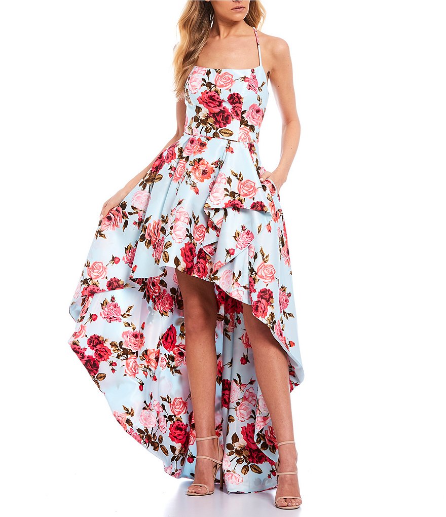 Blondie Nites Spaghetti Strap Floral Print High-How Hem Dress