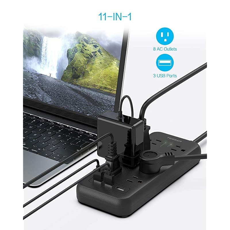 Strip Surge Protector TESSAN 8 Outlets with 3 USB Ports 5Ft Extension Cord Flat Plug Overload Surge Protection Outlet Strip Wall Mount for Home and Office Black