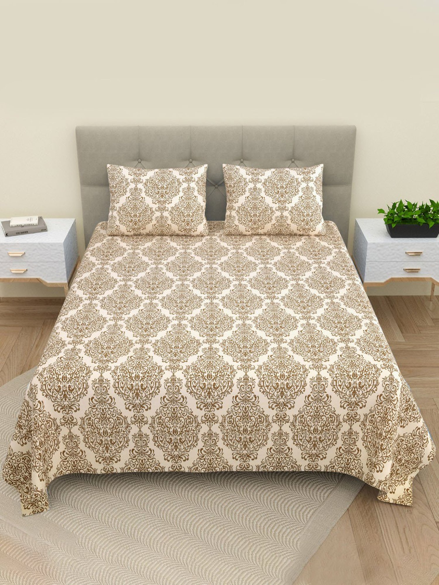 BELLA CASA Printed Purple 220 TC Cotton King Bedsheet with 2 Pillow Covers