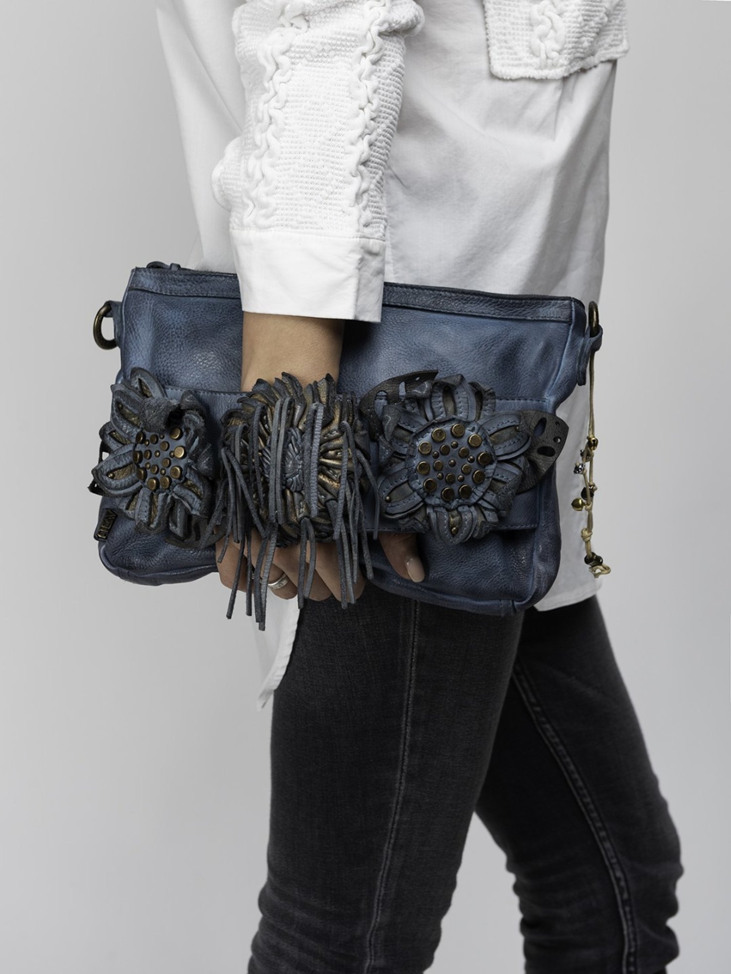 Art N Vintage Fresia Blue Leather Floral Small Sling Handbag