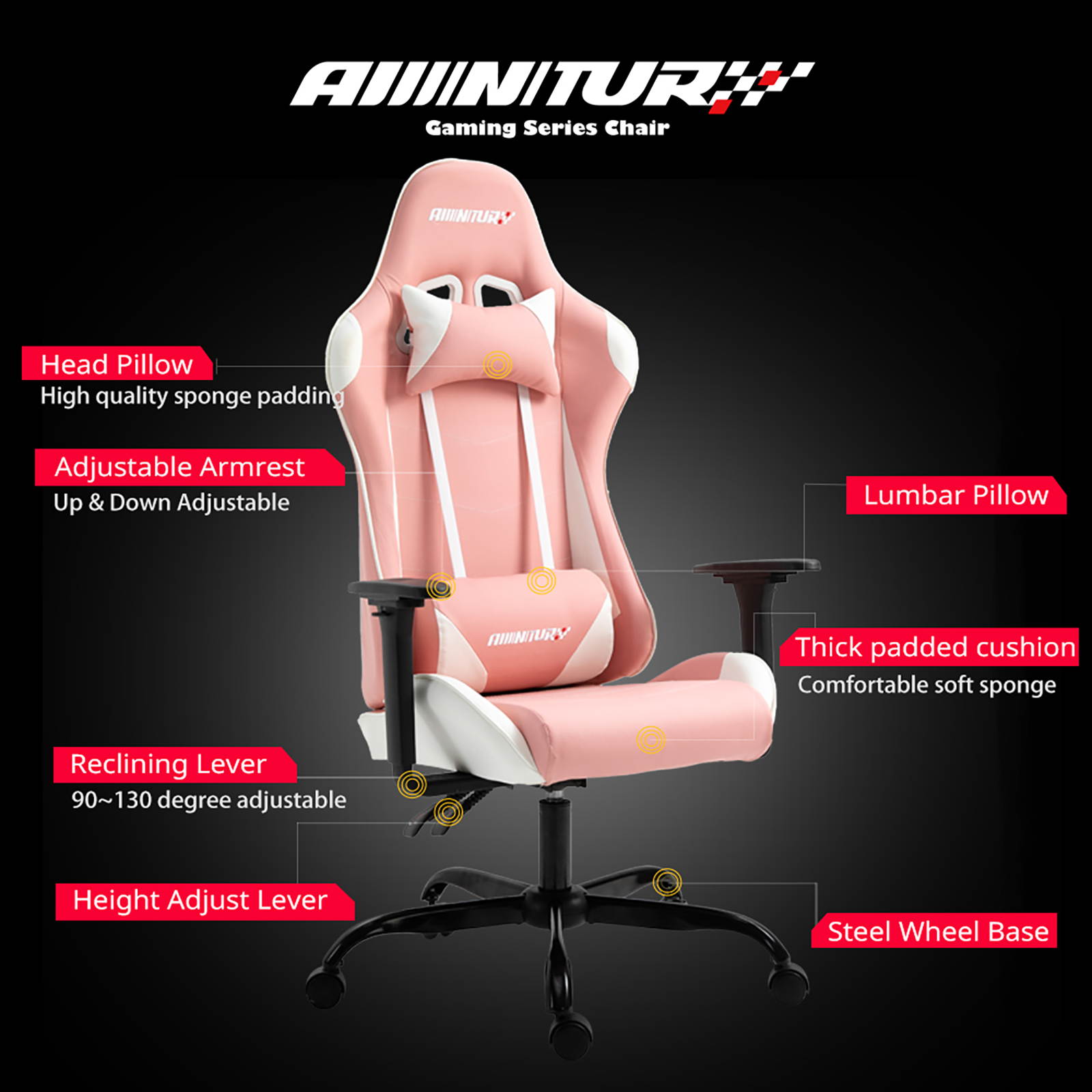 AMINITURE Gaming Chair Racing Style High Back Office Chair Seat Computer Game Chair Height Adjustment Swivel Recliner with Headrest and Lumbar Support