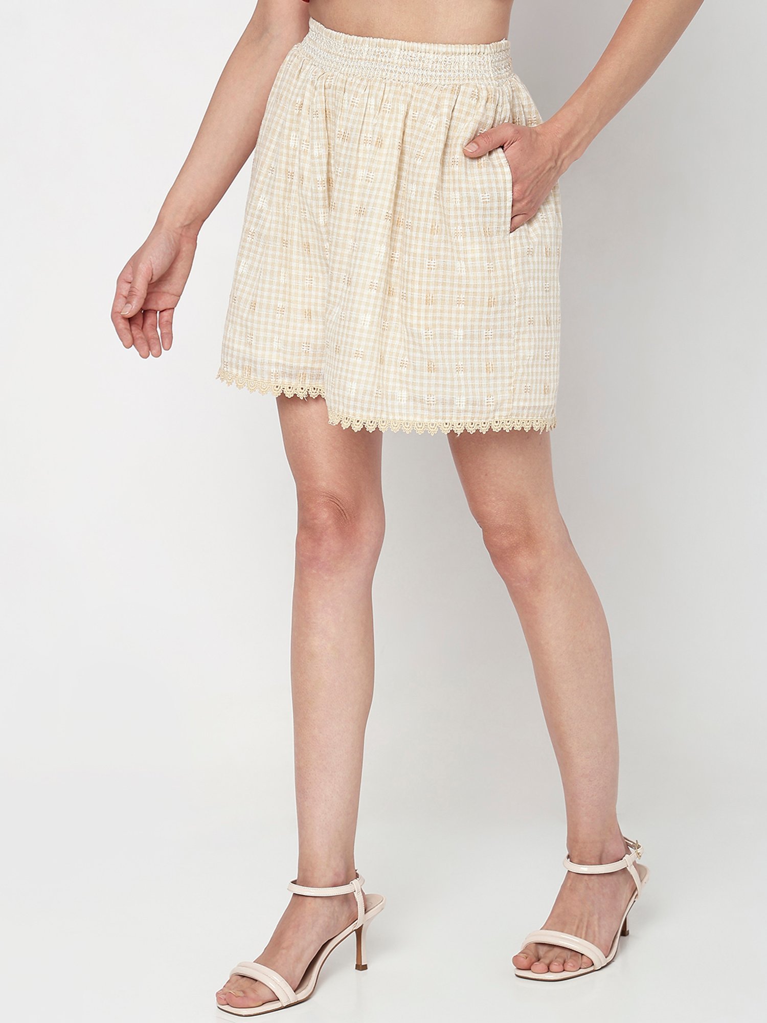 Vero Moda Beige Cotton Checks Shorts