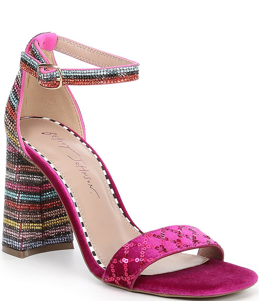 Betsey Johnson Cicely Stripe Embellished Ankle Strap Square Toe Sandals