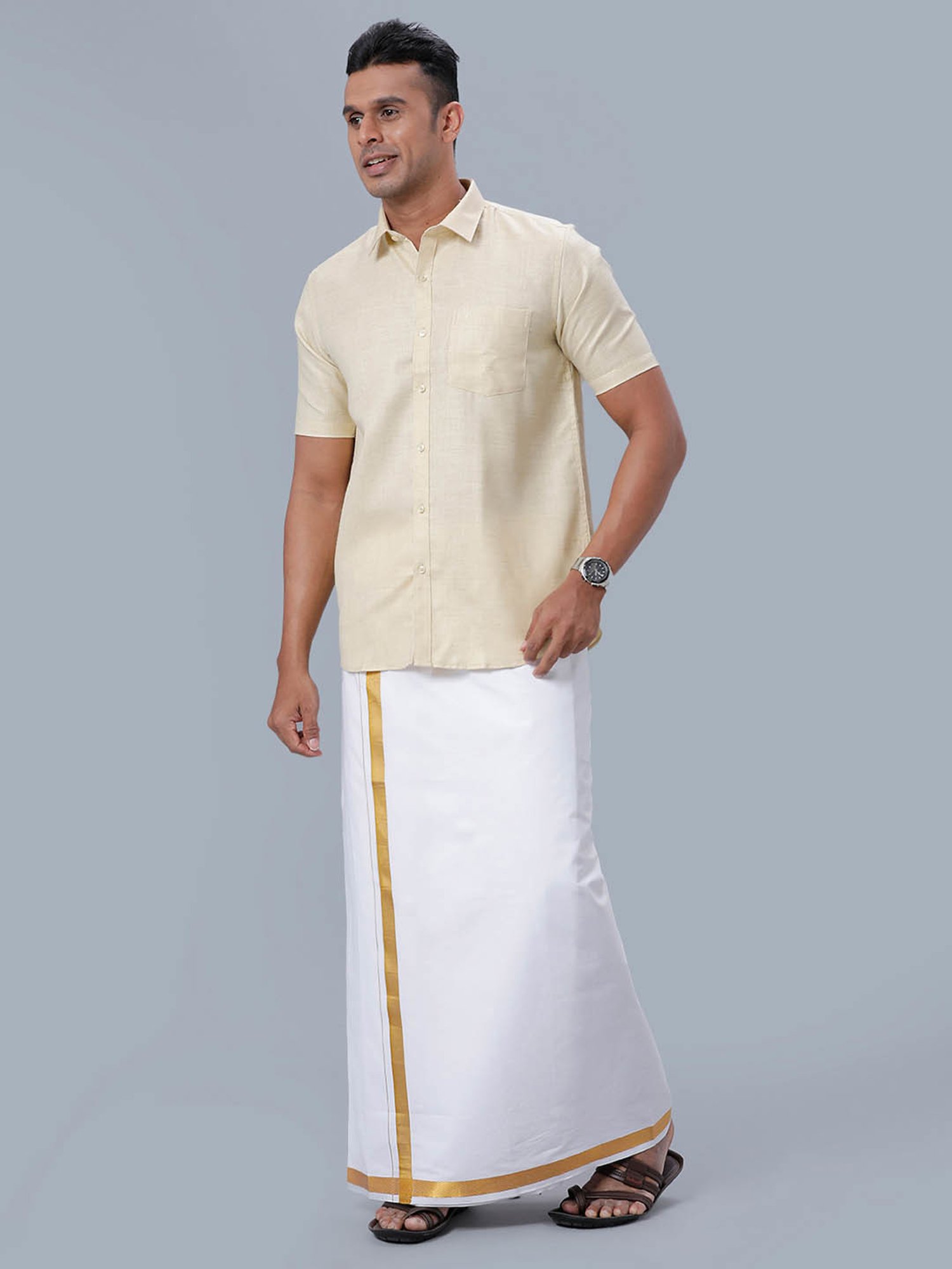 Ramraj Cream Cotton Regular Fit Shirt