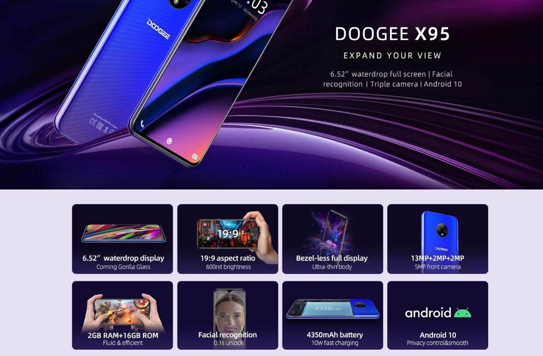 Moviles Libres,DOOGEE X95 Smartphone Libre 2020, 6.52 Pulgadas 19.5:9 HD+ Pantalla 4G Telefonos, 4350mAh, 13MP+2MP+2MP+5MP, Android 10.0 Smartphone, 16GB ROM,128GB SD, Dual SIM Face ID