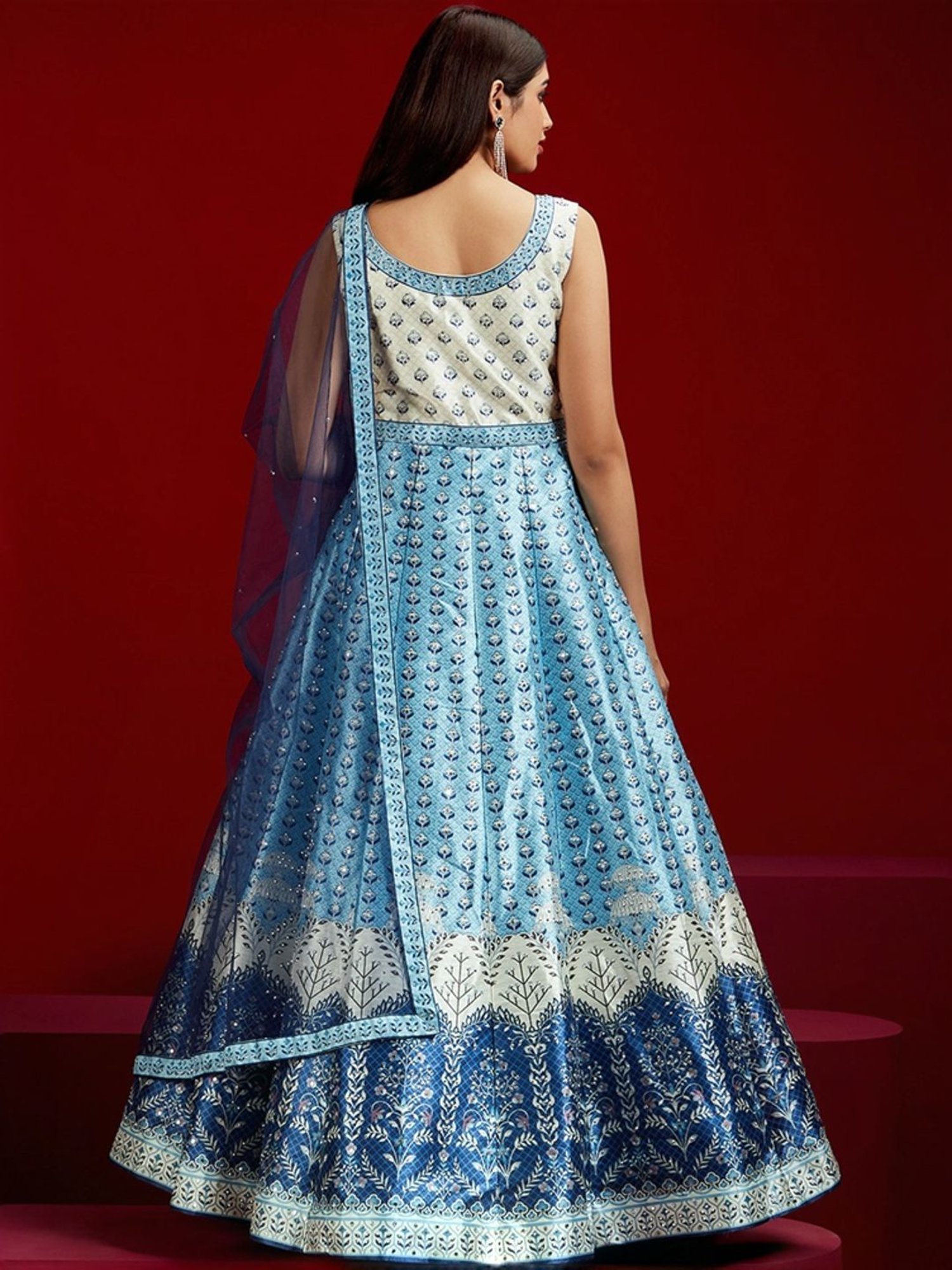 Libas Art Blue & White Printed Maxi Dress With Dupatta