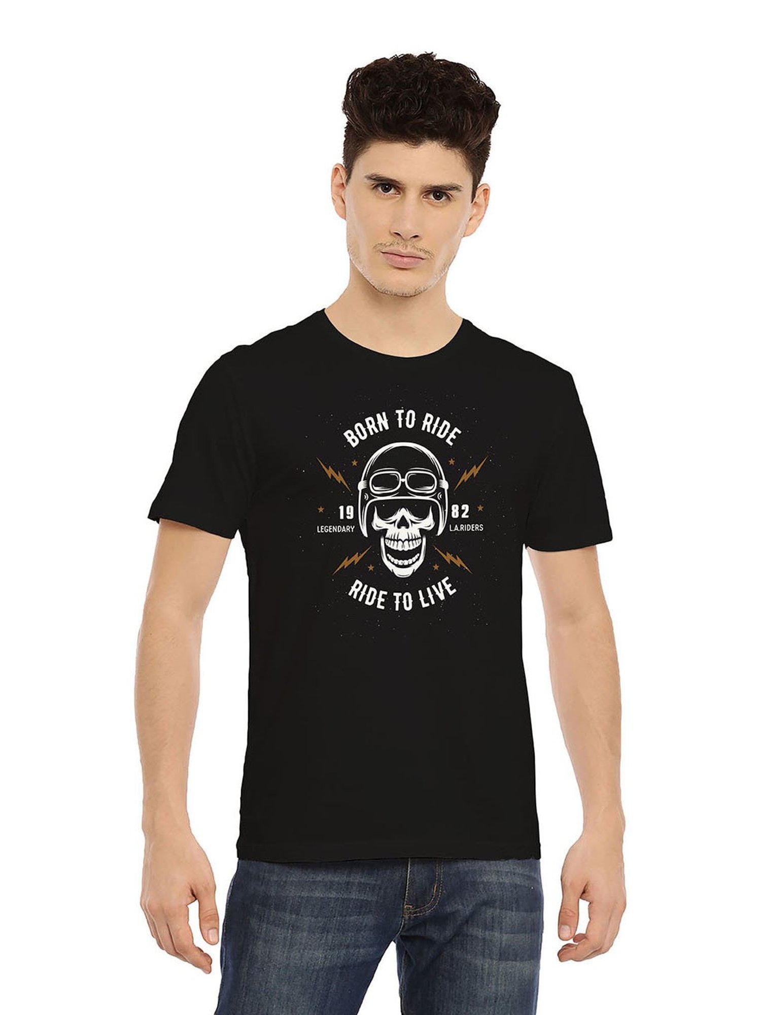 BLACK RADIO Black Slim Fit Printed Cotton Crew T-Shirt