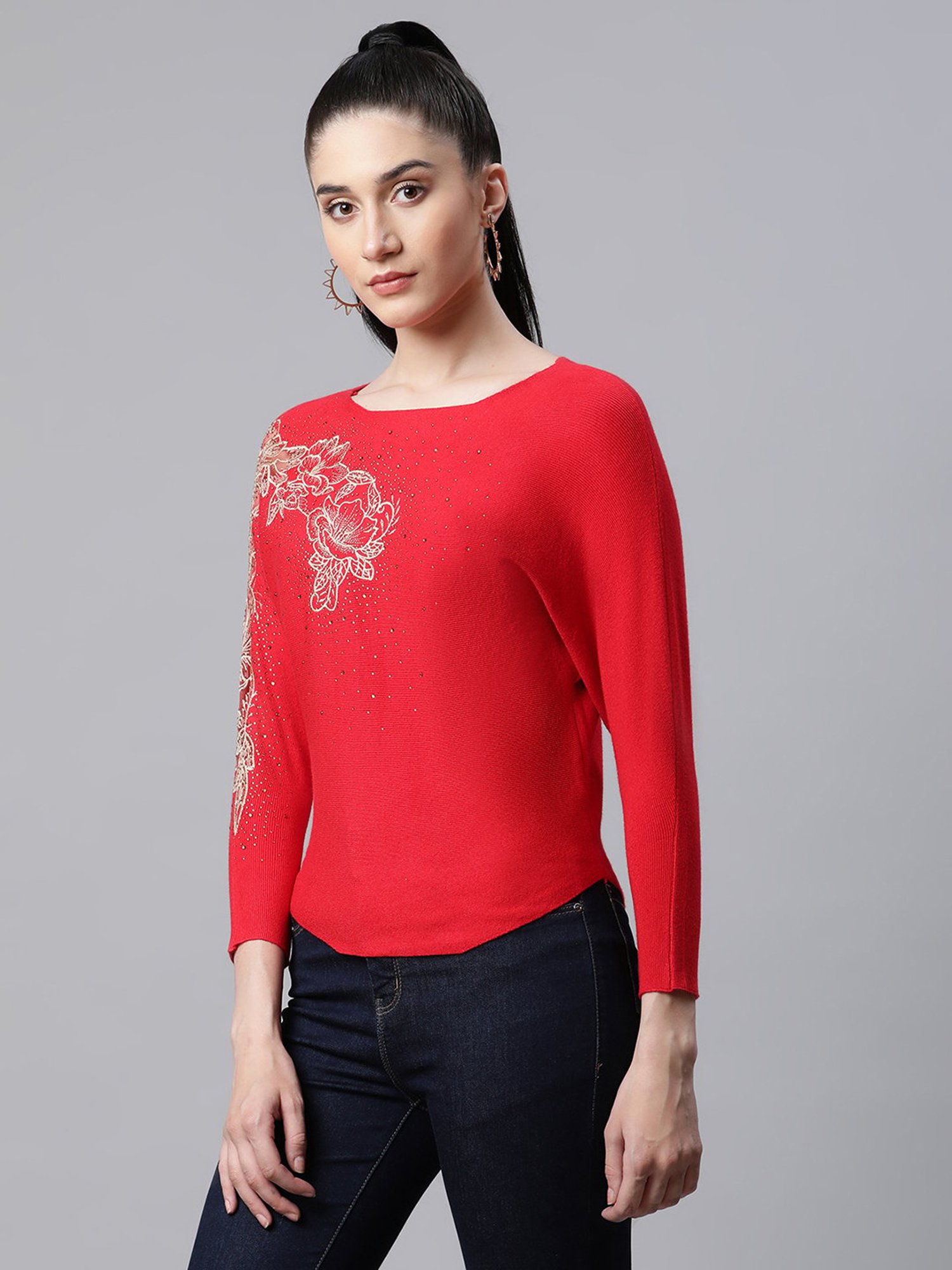 Global Republic Red Knitted Embellished Top