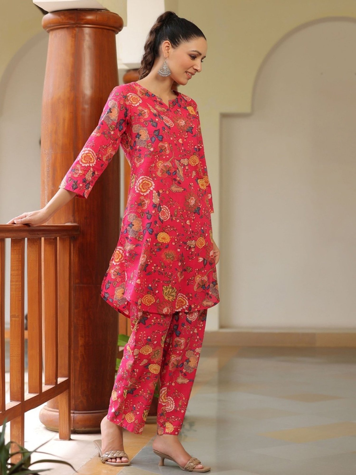 Rain and Rainbow Fuchsia Pink Cotton Floral Print Kurta Pant Set