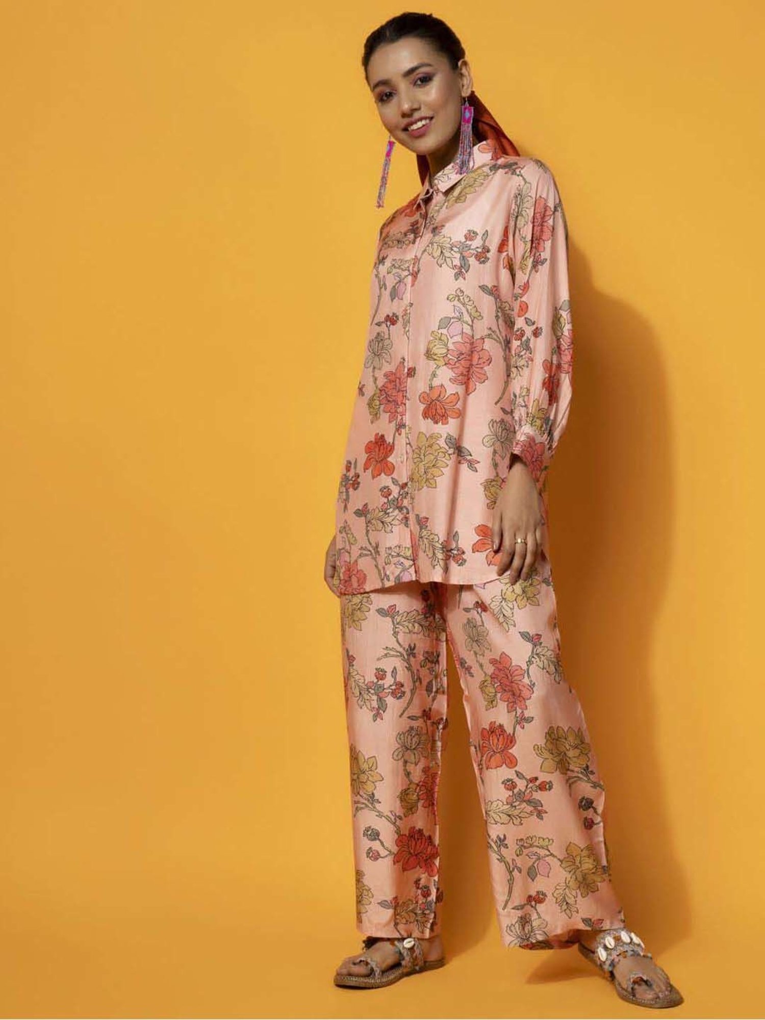 Libas Peach Printed Silk Blend Co-Ords