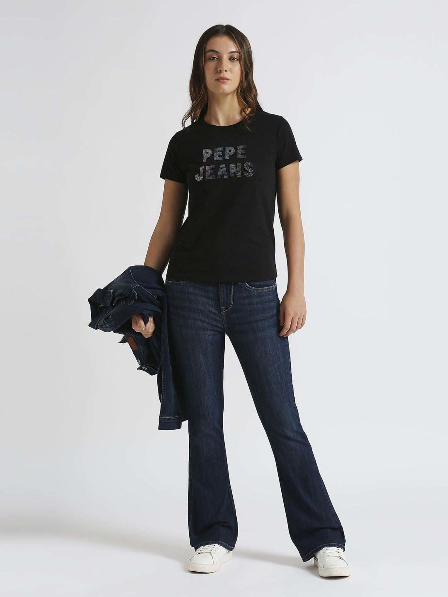 Pepe Jeans Black Cotton Embellished T-Shirt