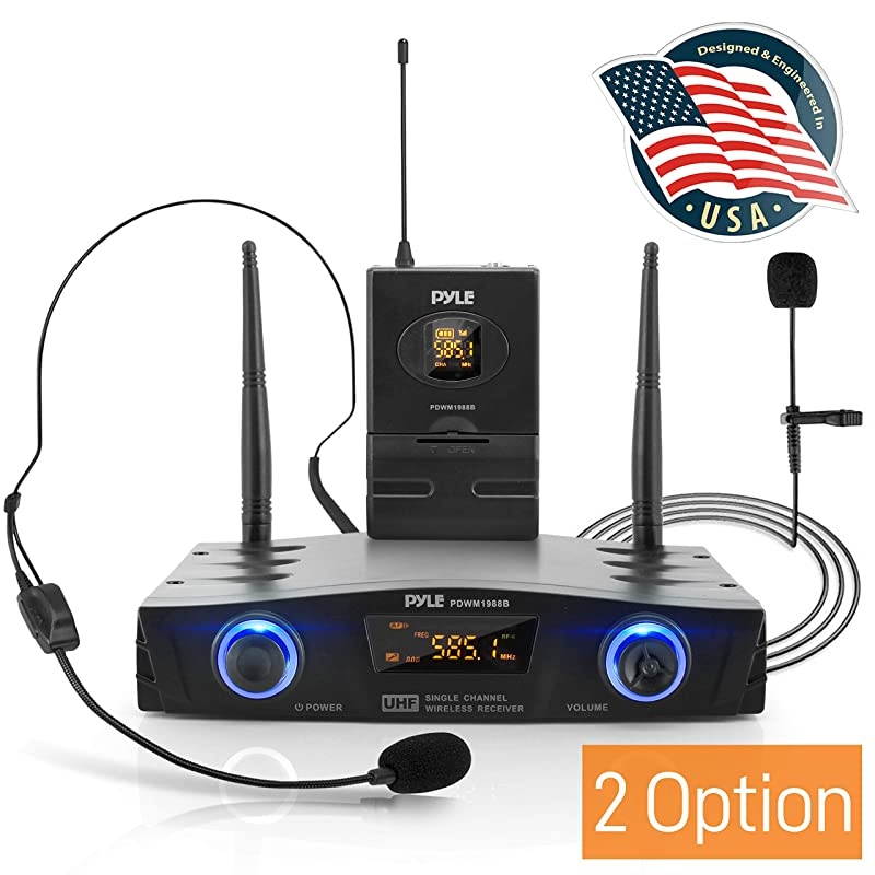 Compact UHF Wireless Microphone System Pro Portable 1 Channel Desktop Digital Mic Receiver Set w BeltPack Transmitter Receiver Headset and Lavalier Mics XLR For Home PA  PDWM1988BBlack