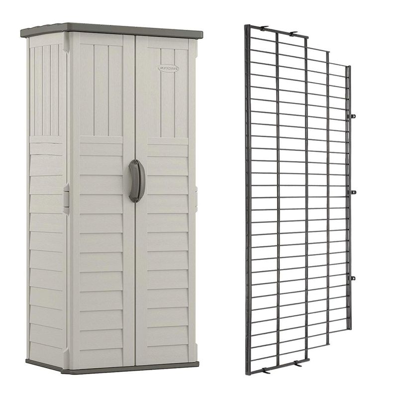 Suncast Vertical Storage Shed Building Bundled w/ Metal Wire Shelf Rack Shelving