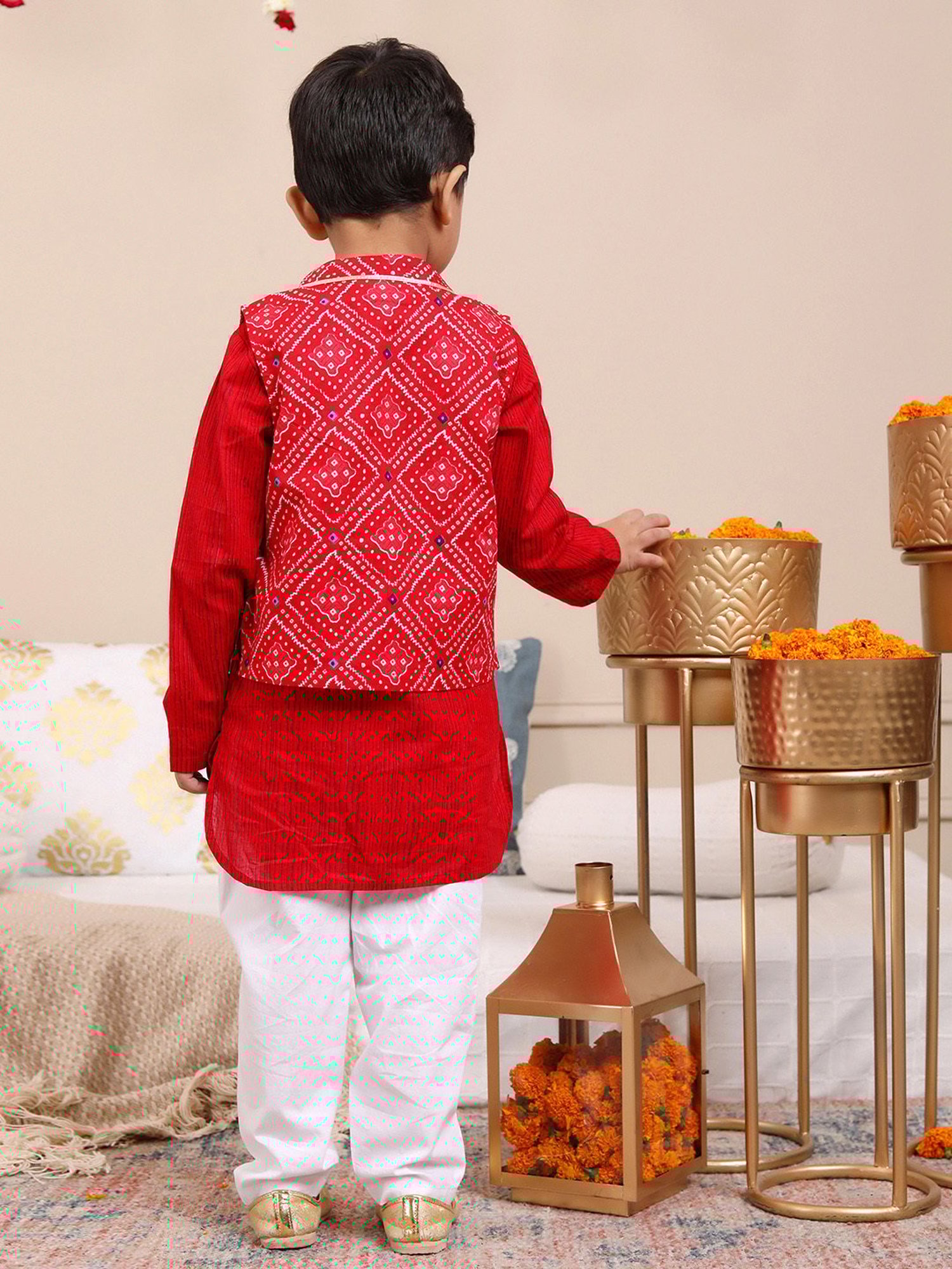 Budding Bees Boys Red & White Printed Full Sleeves Kurta, Pyjamas & Nehru Jacket