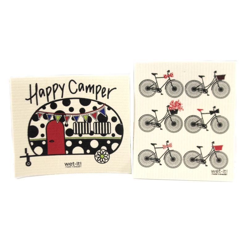 Swedish Dish Cloth 7.75" Happy Camper /Bike Set Cleaning Cloth Vacation  -  Dish Cloth