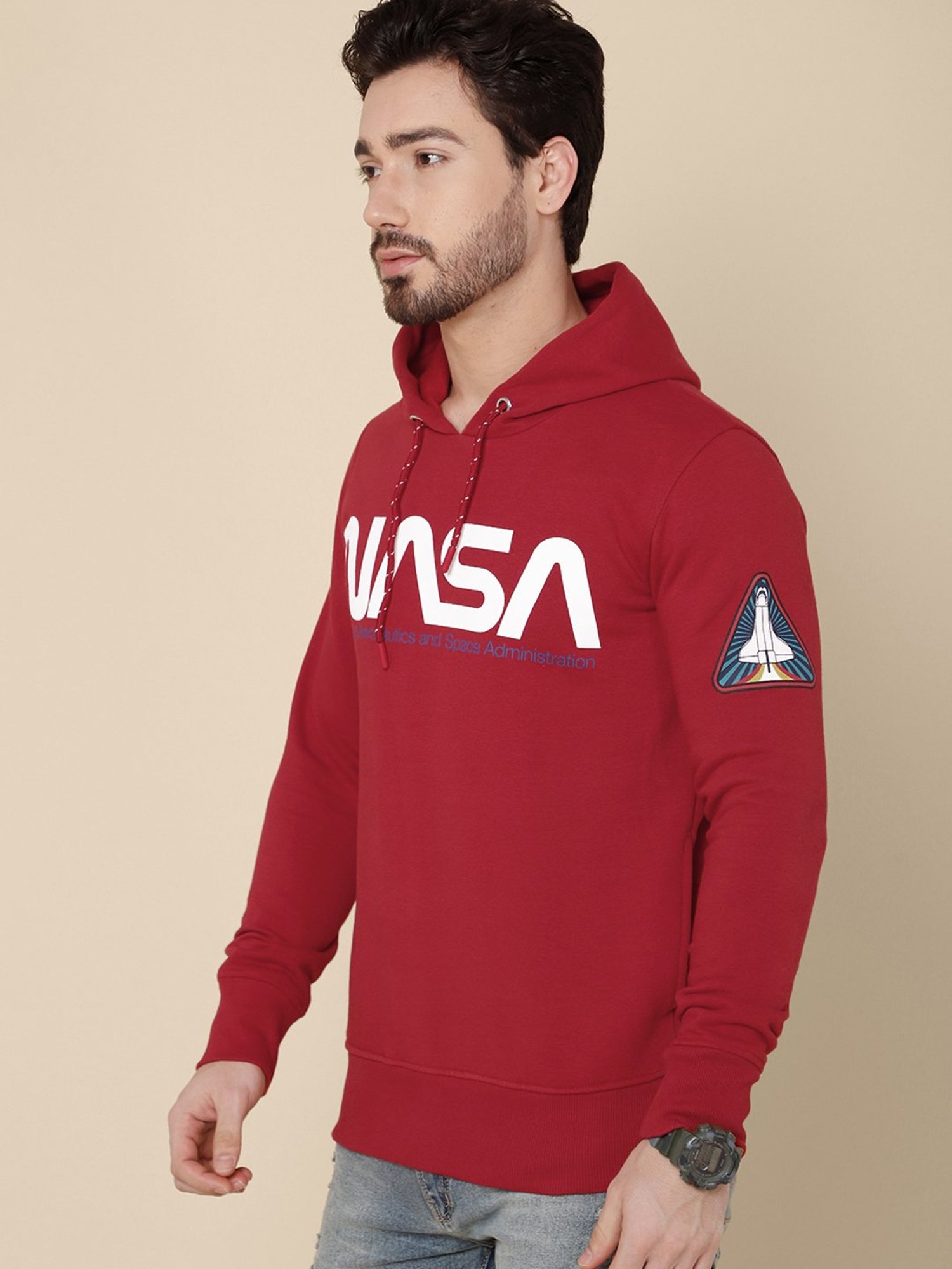 Free Authority Red Regular Fit Nasa Printed Hooded Sweatshirt