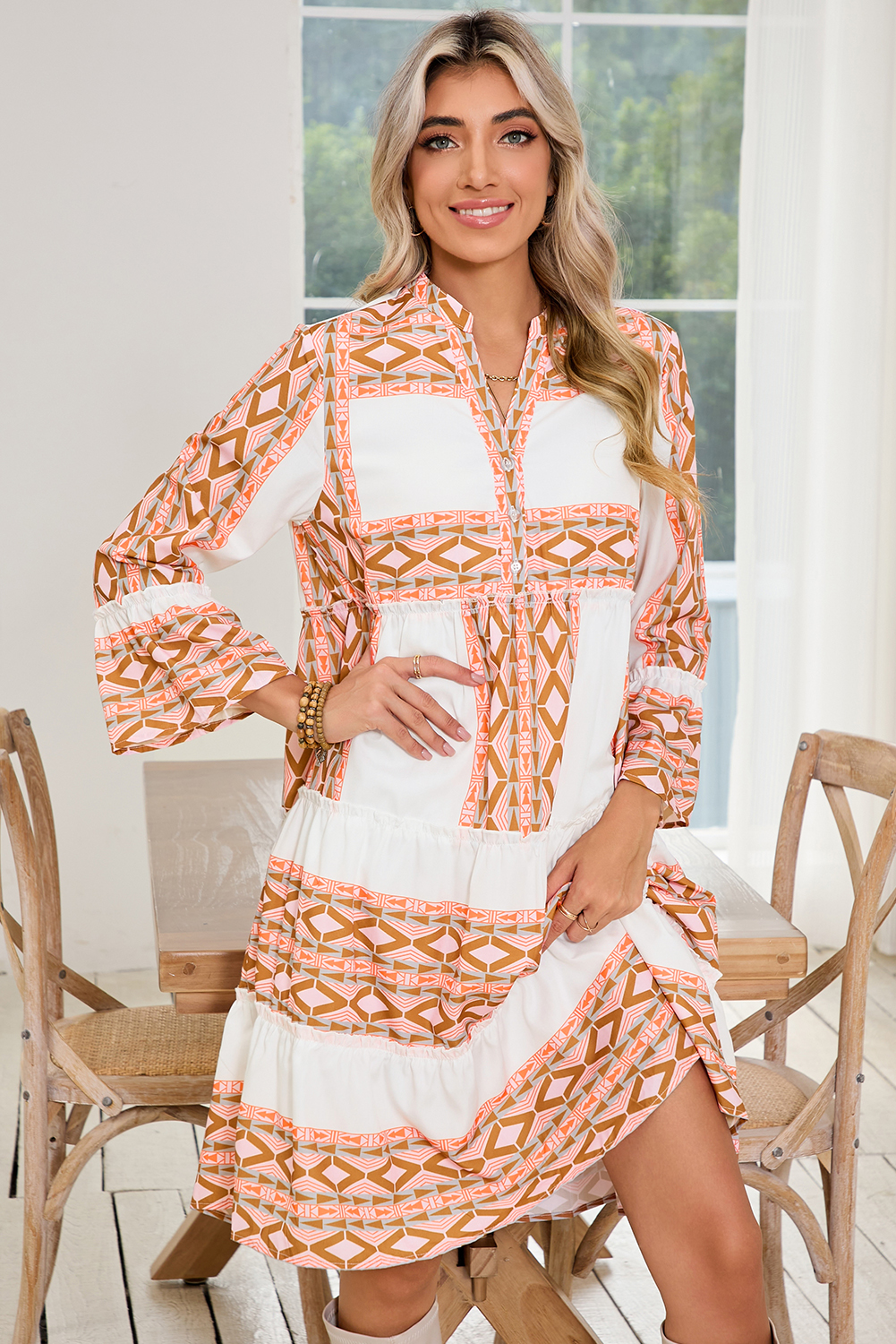 Orange Boho Geometric V-Neck Frill Tiered Mini Dress