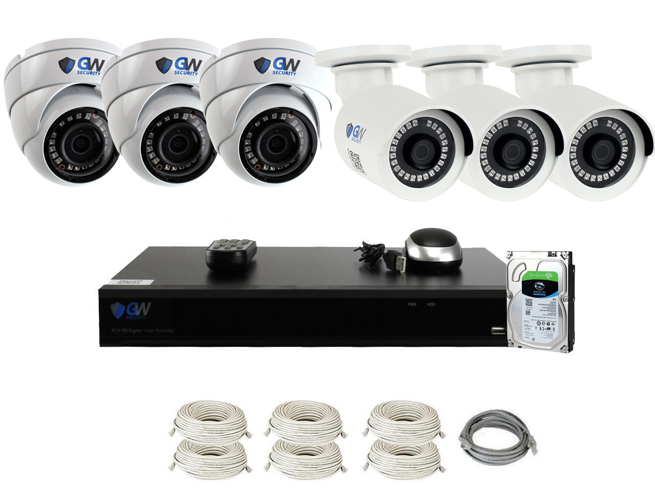 GW 8 Channel 4K NVR H.265 HEVC 5 Megapixel PoE IP Camera System, 6 x 1920P HD IP66 Rated Weather Proof, 3.6mm Wide Angle Camera, Night Vision Compact Size, Free App Access