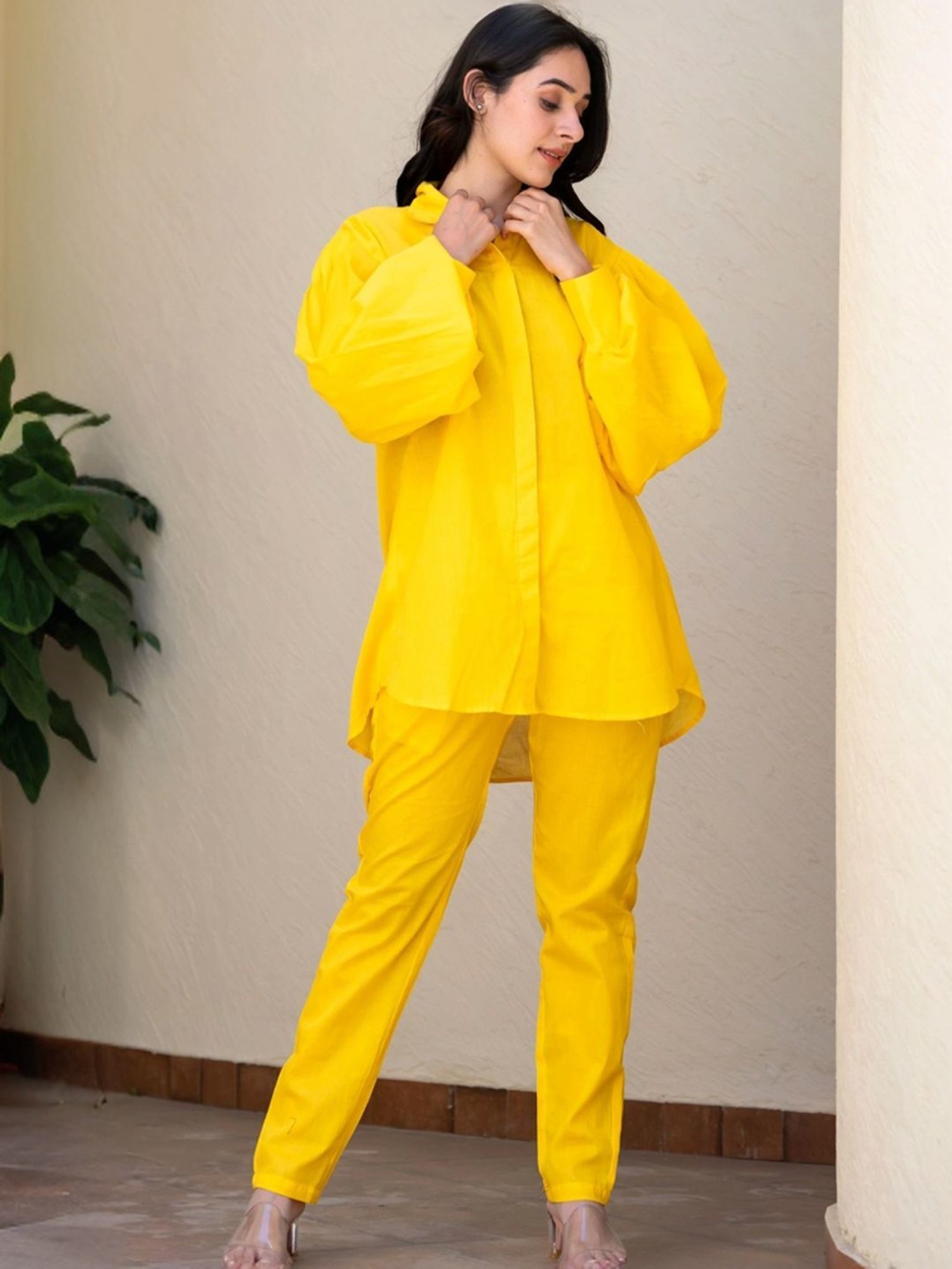 HOUSE OF JAMOTI Yellow Cotton Embellished Tunic Pant Set