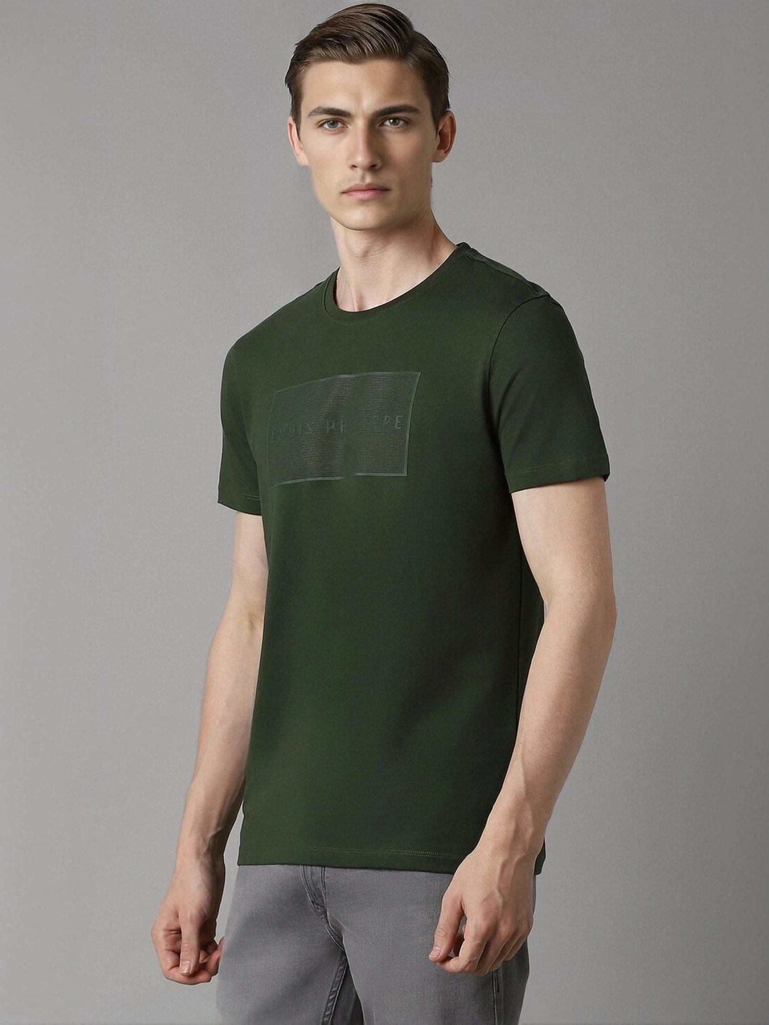 Louis Philippe Olive Cotton Slim Fit Printed T-Shirt