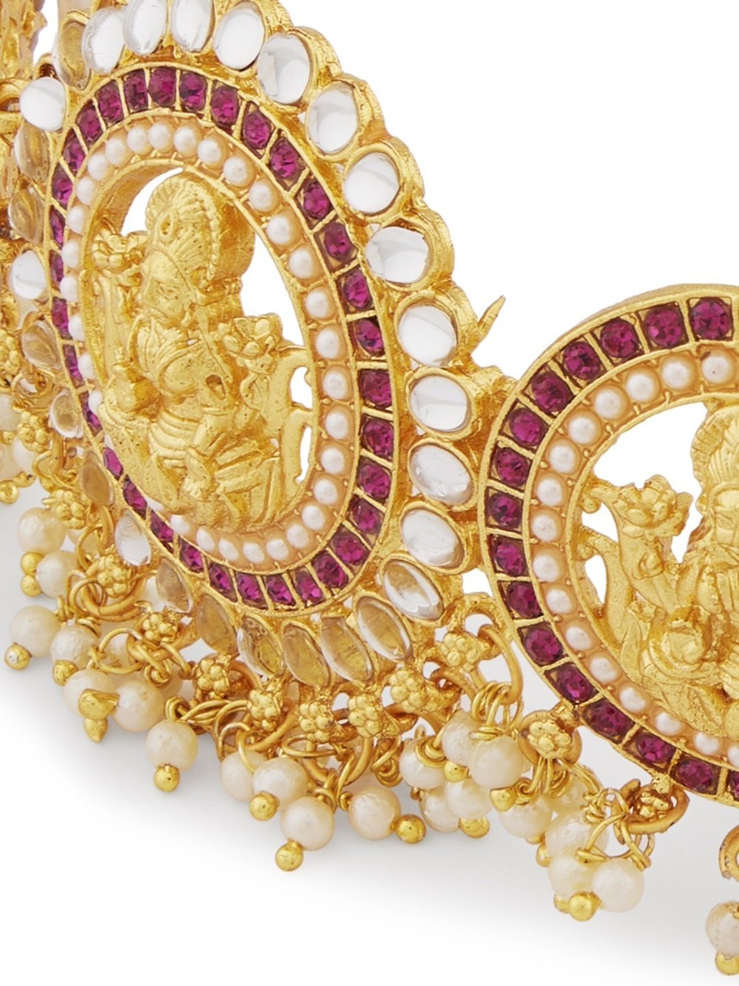 Zaveri Pearls Pinks Stones Goddess Laxmi Temple Necklace, Earring & Ring Set